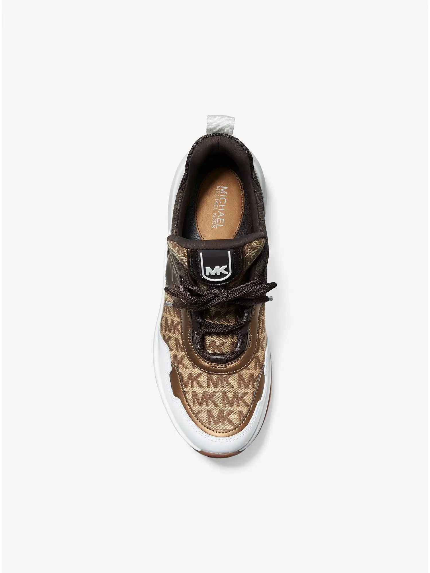olympia logo jacquard and metallic leather trainer beige ebony brown