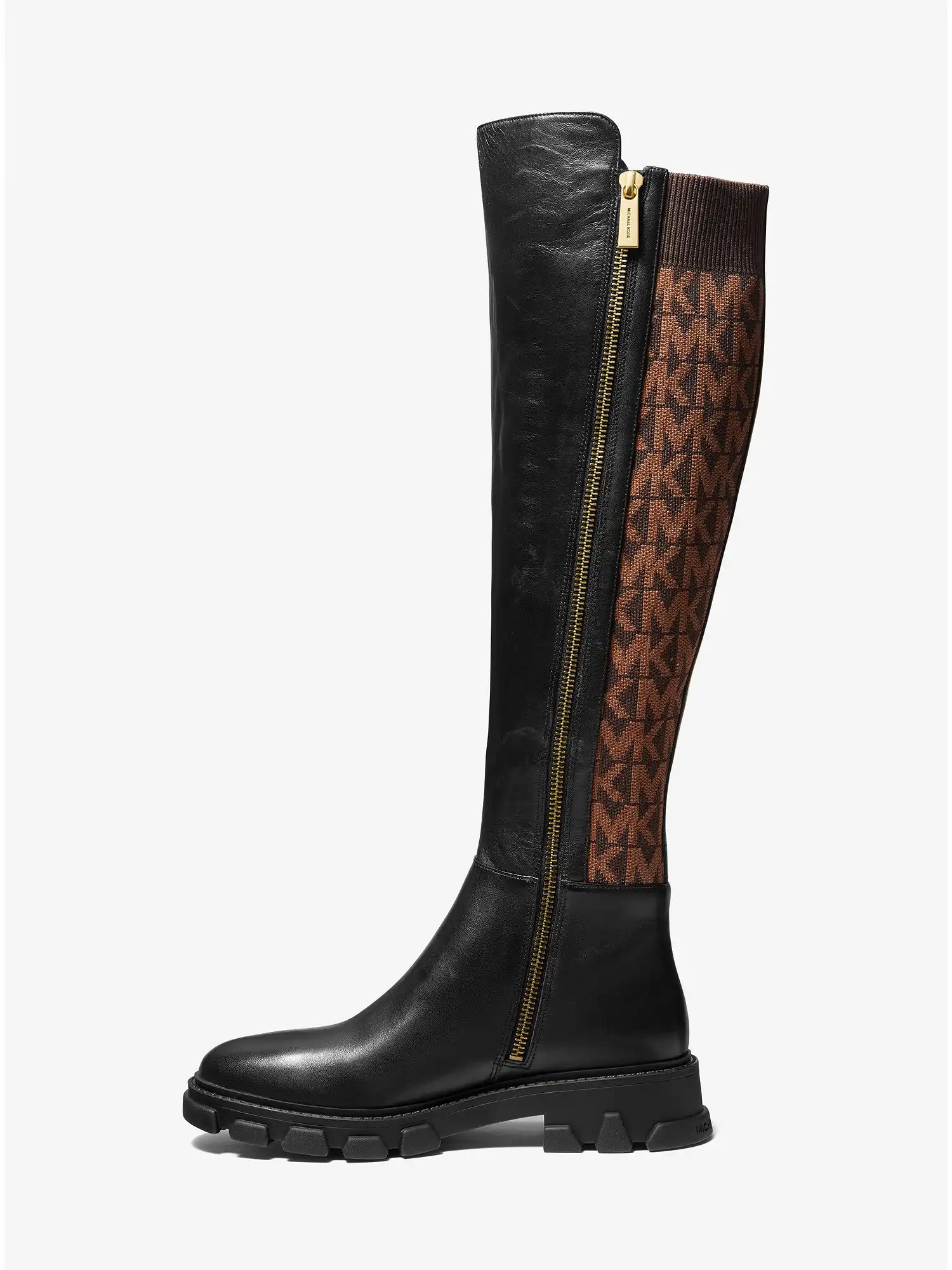 ridley leather and logo jacquard knee boot blk brown