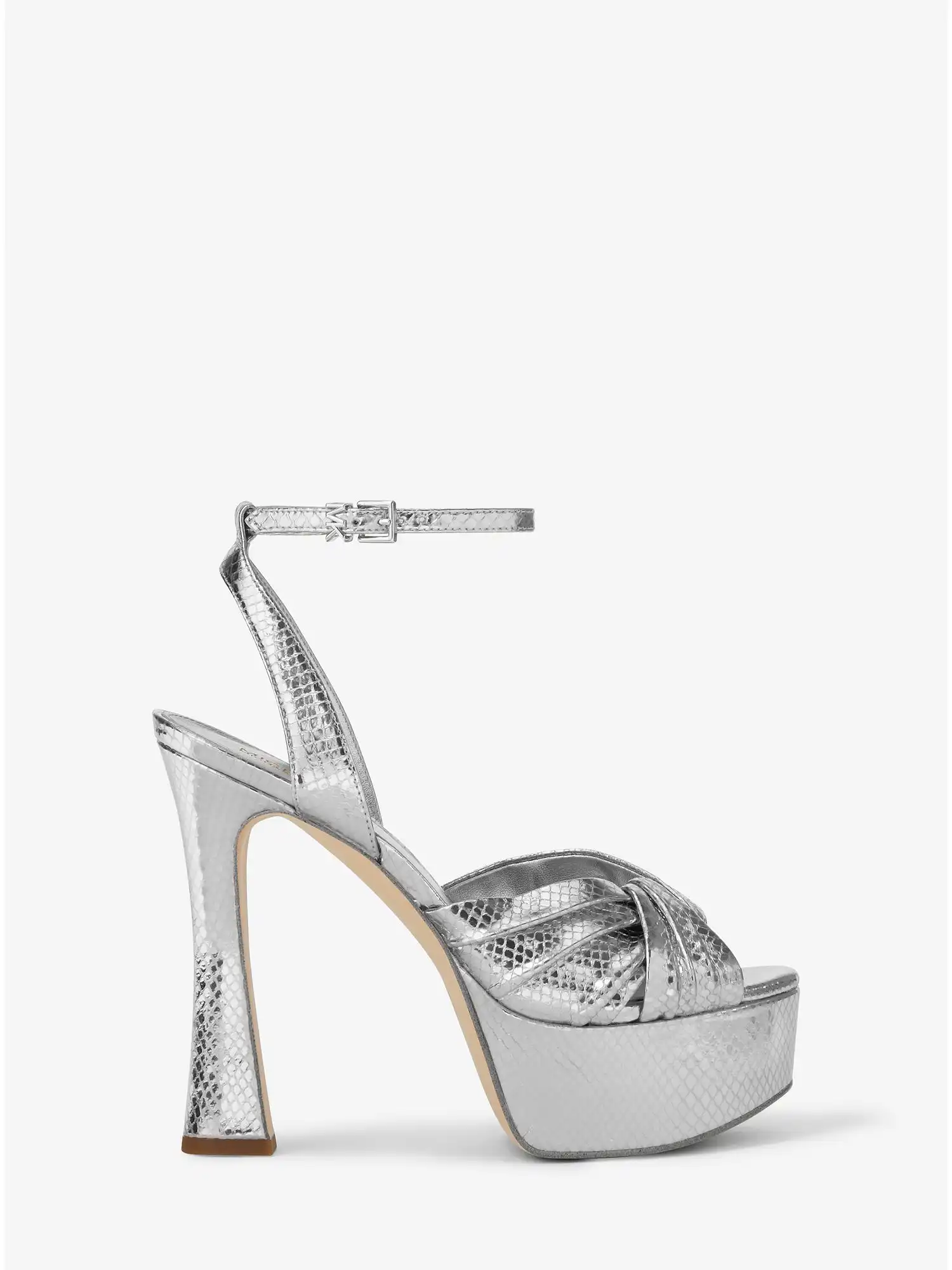 selena metallic snake embossed leather platform sandal silver