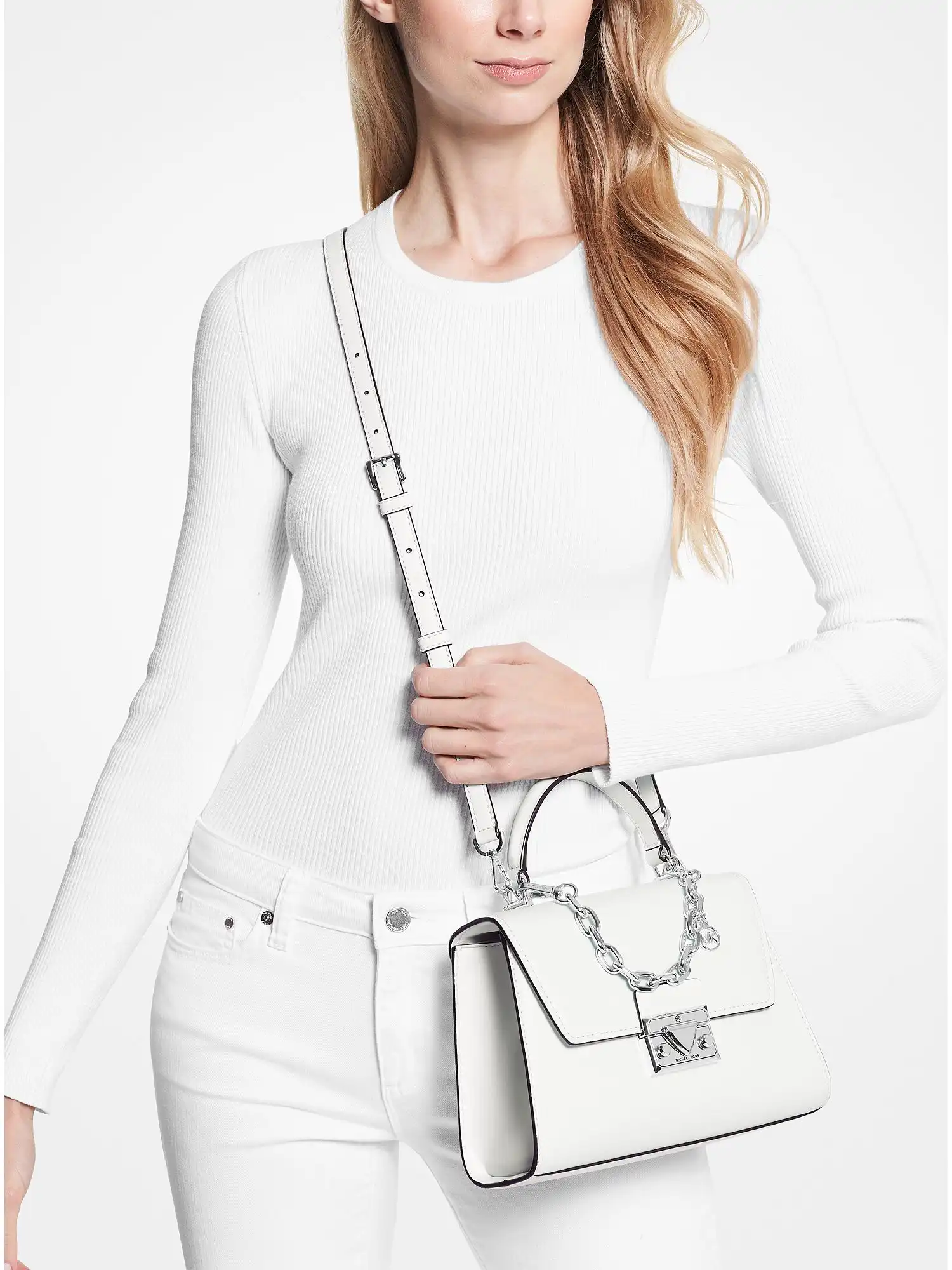 serena small pebbled leather satchel optic white