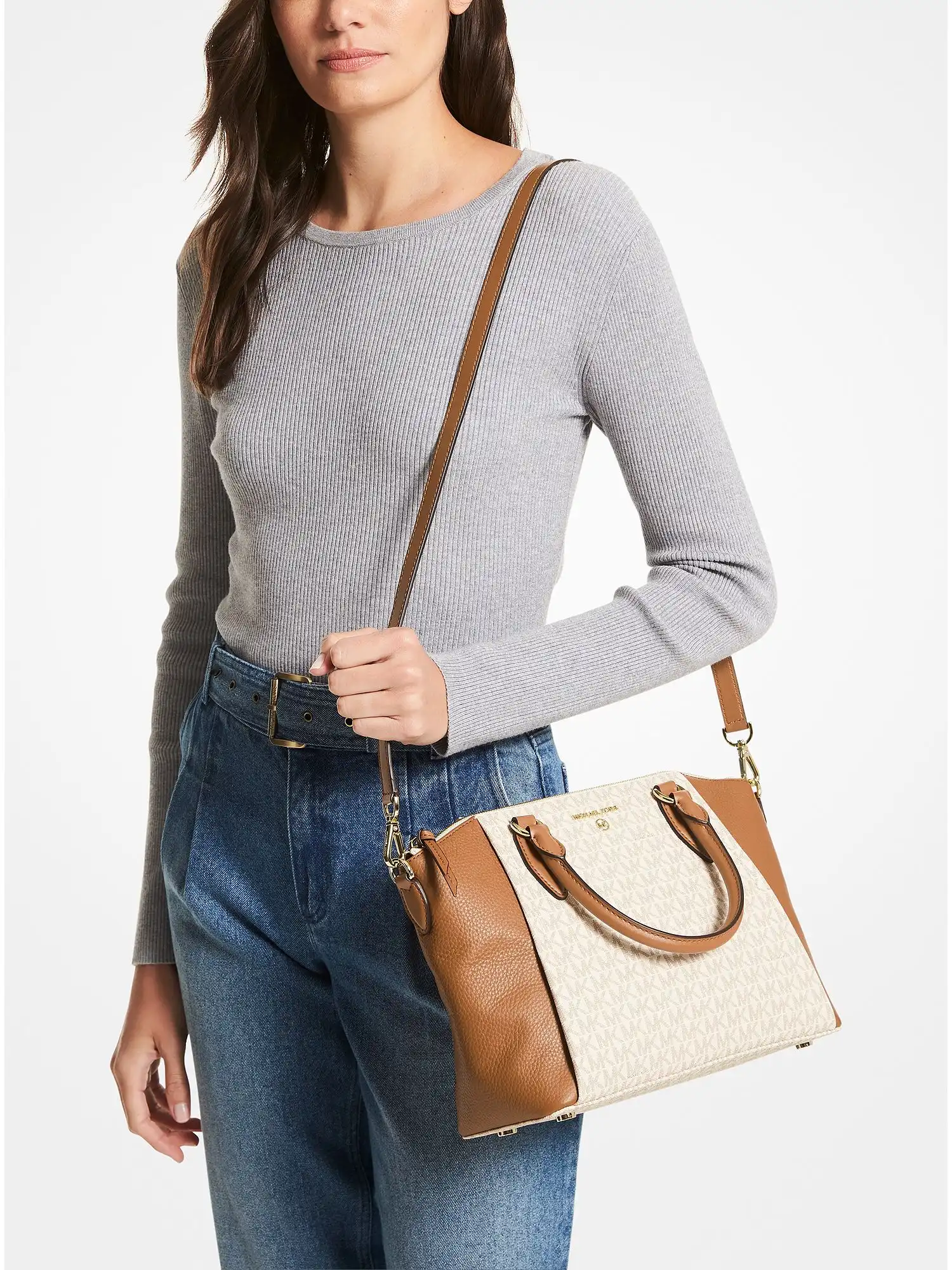 sienna medium logo and leather satchel vanilla acorn