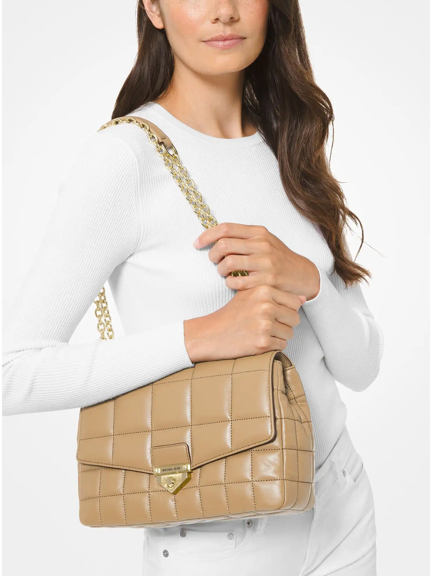 soho extra large quilted leather shoulder bag camel