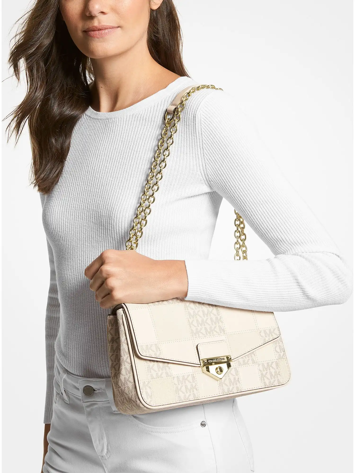 soho large patchwork signature logo shoulder bag vanilla combo