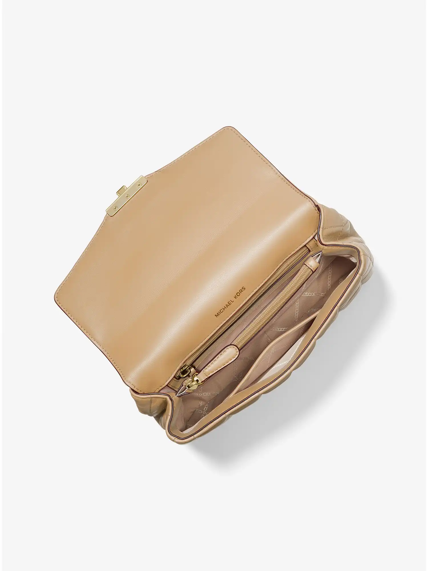 soho large quilted leather shoulder bag camel