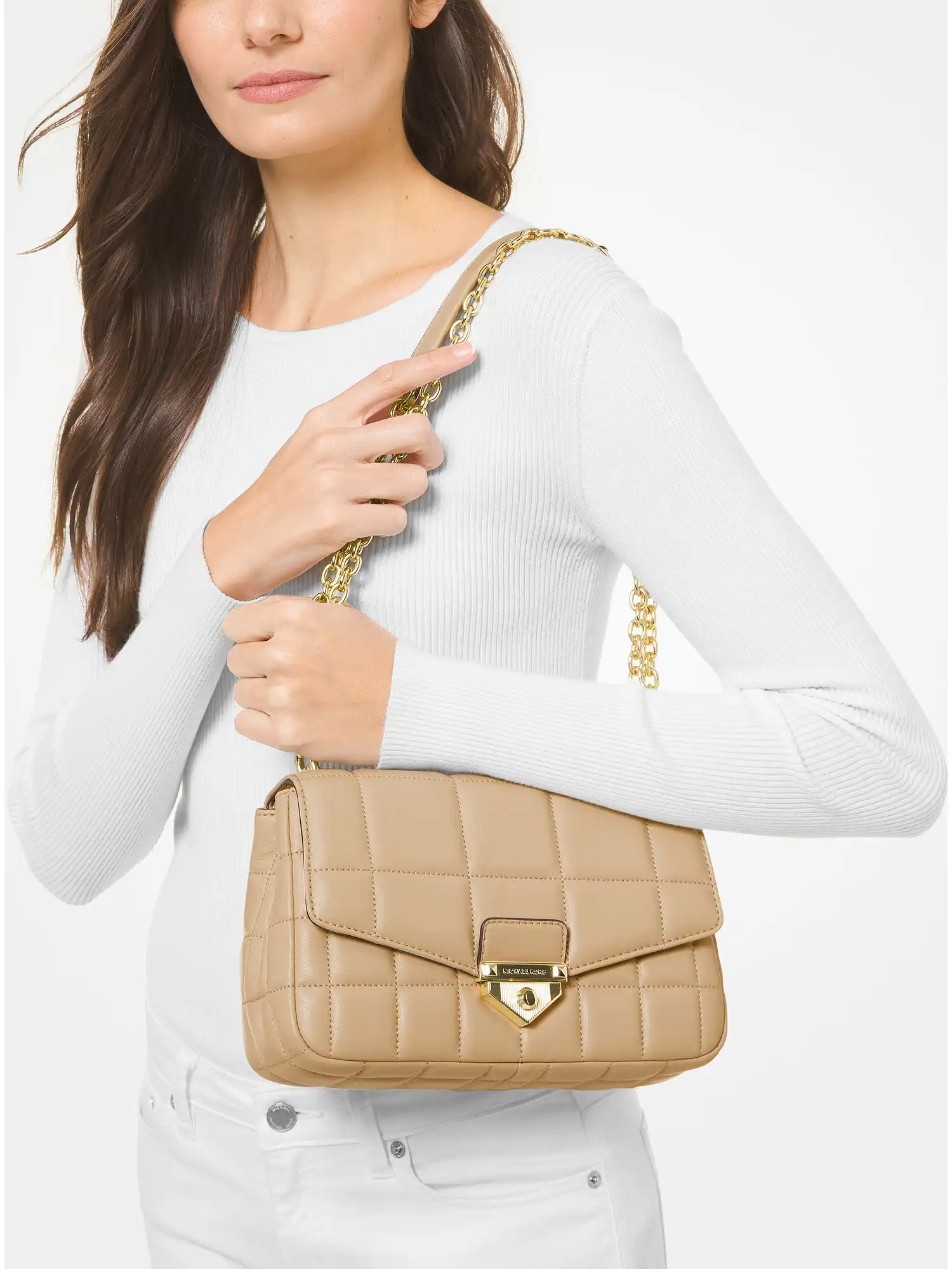 soho large quilted leather shoulder bag camel
