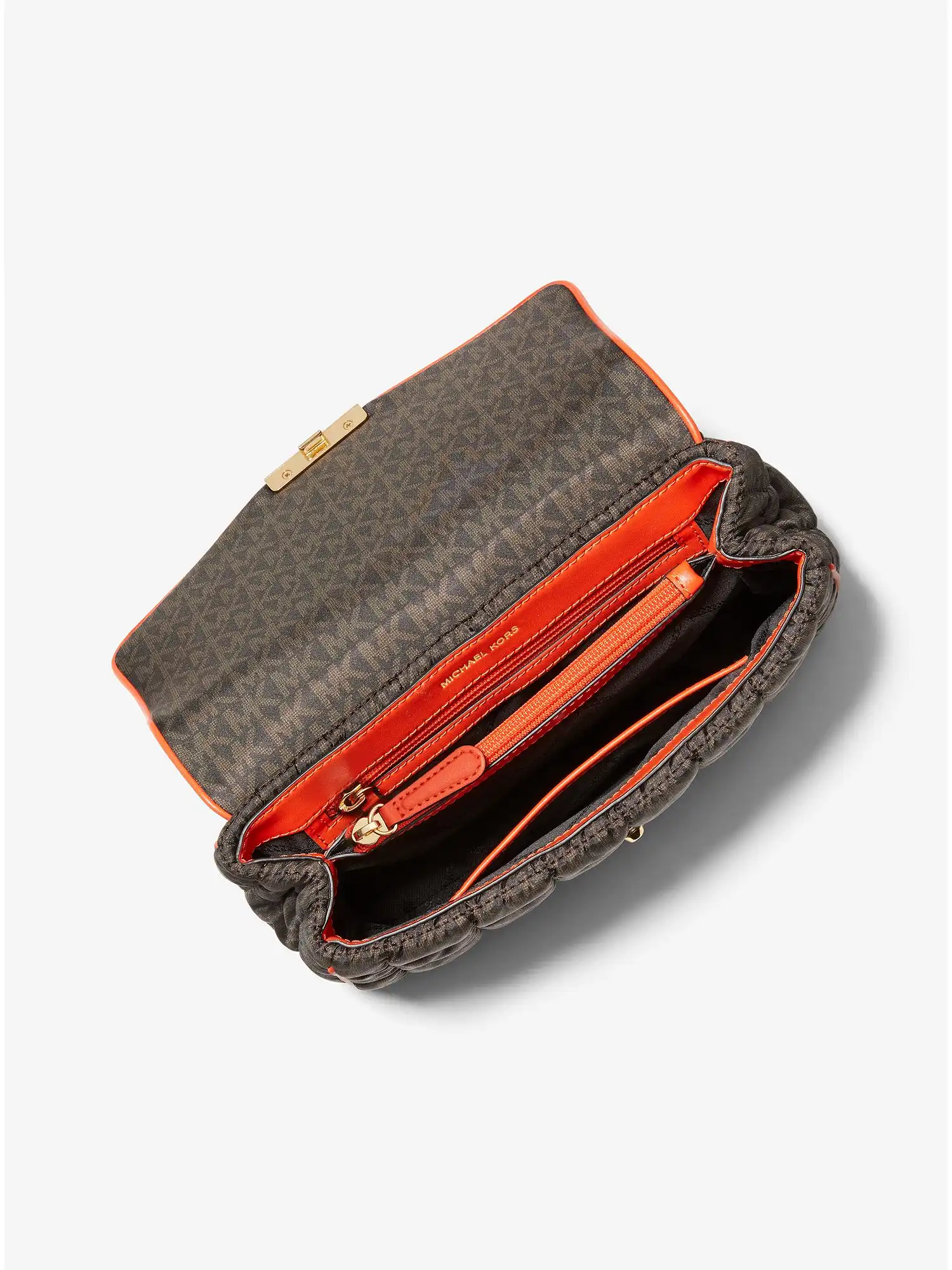 soho large quilted signature logo nylon shoulder bag brown multi