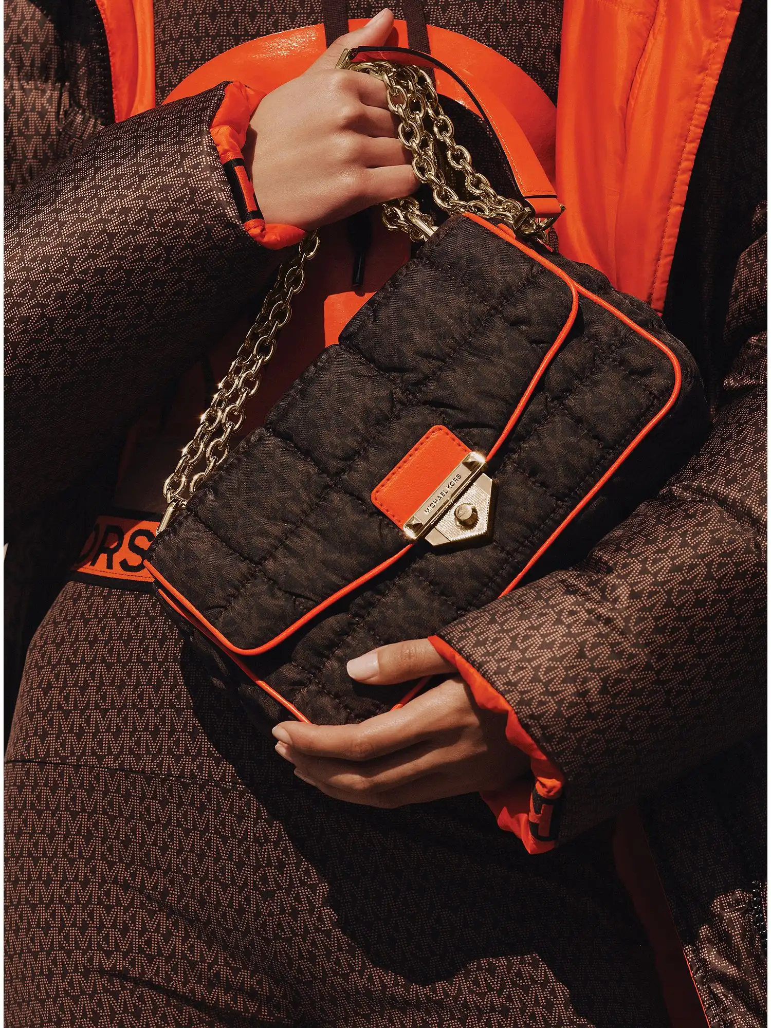 soho large quilted signature logo nylon shoulder bag brown multi