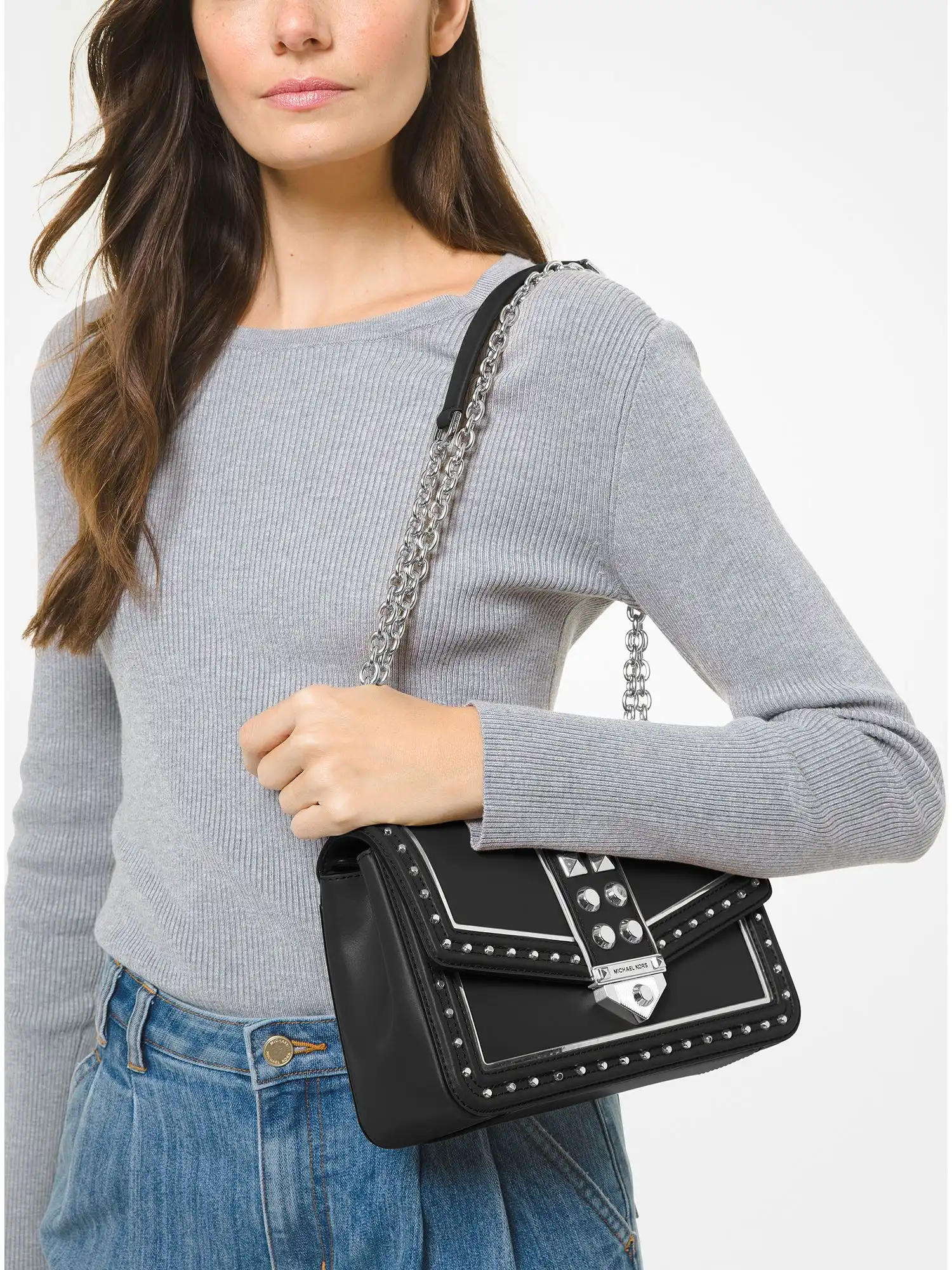 soho large studded leather shoulder bag black