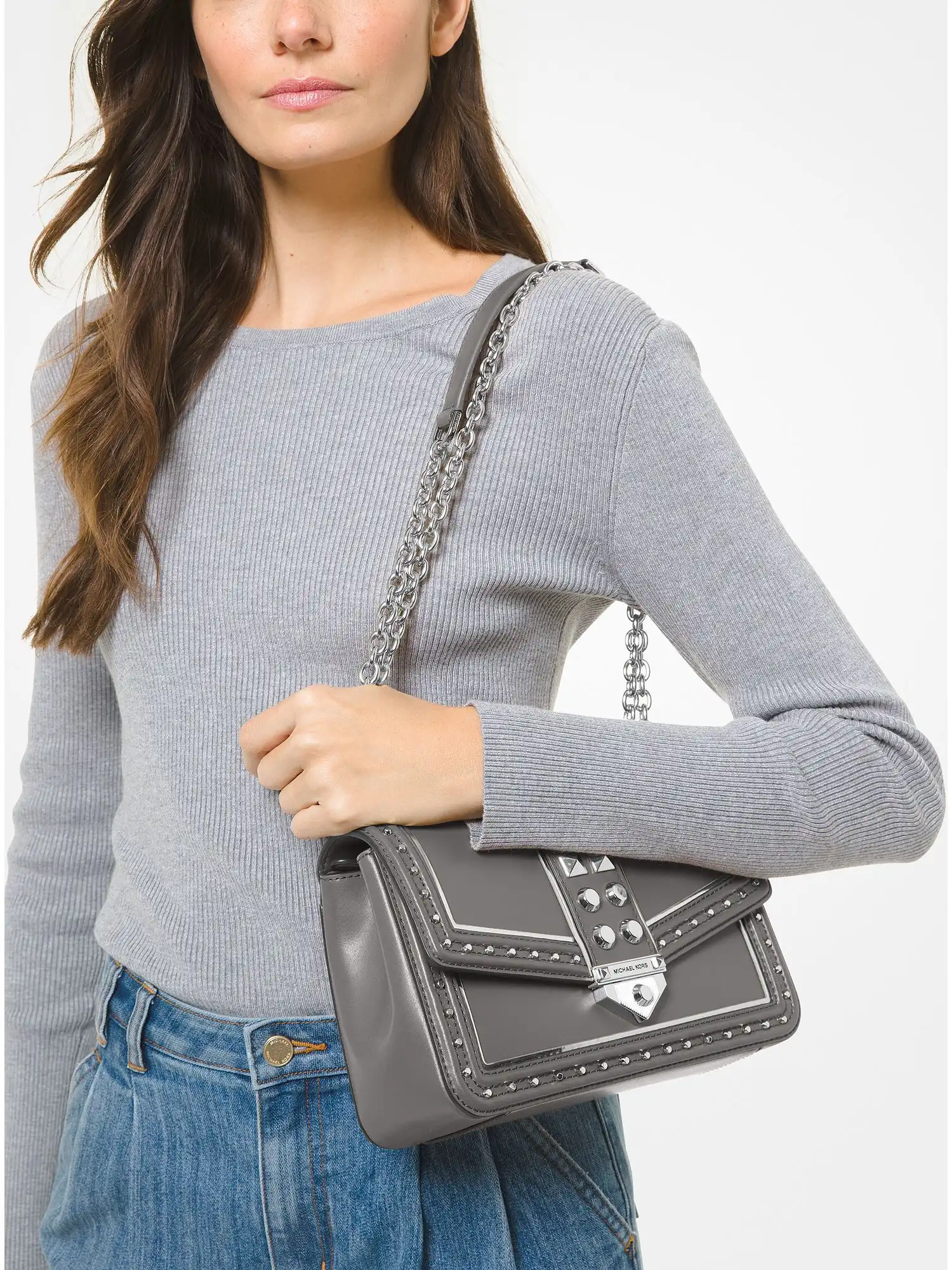 soho large studded leather shoulder bag heather grey