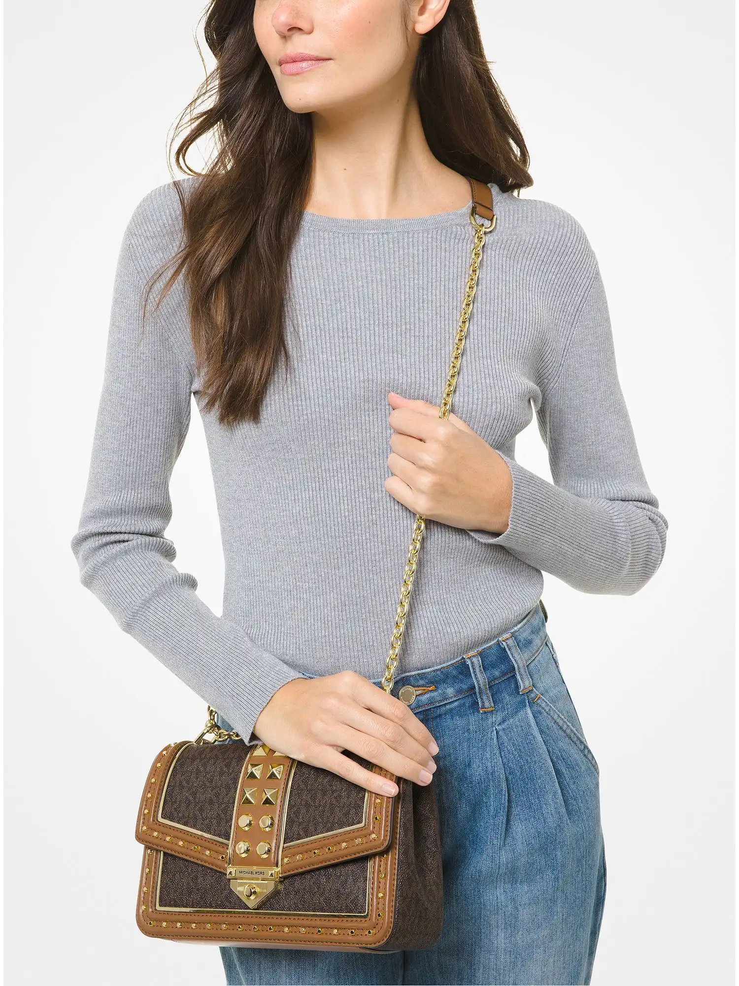 soho large studded logo shoulder bag brn acorn