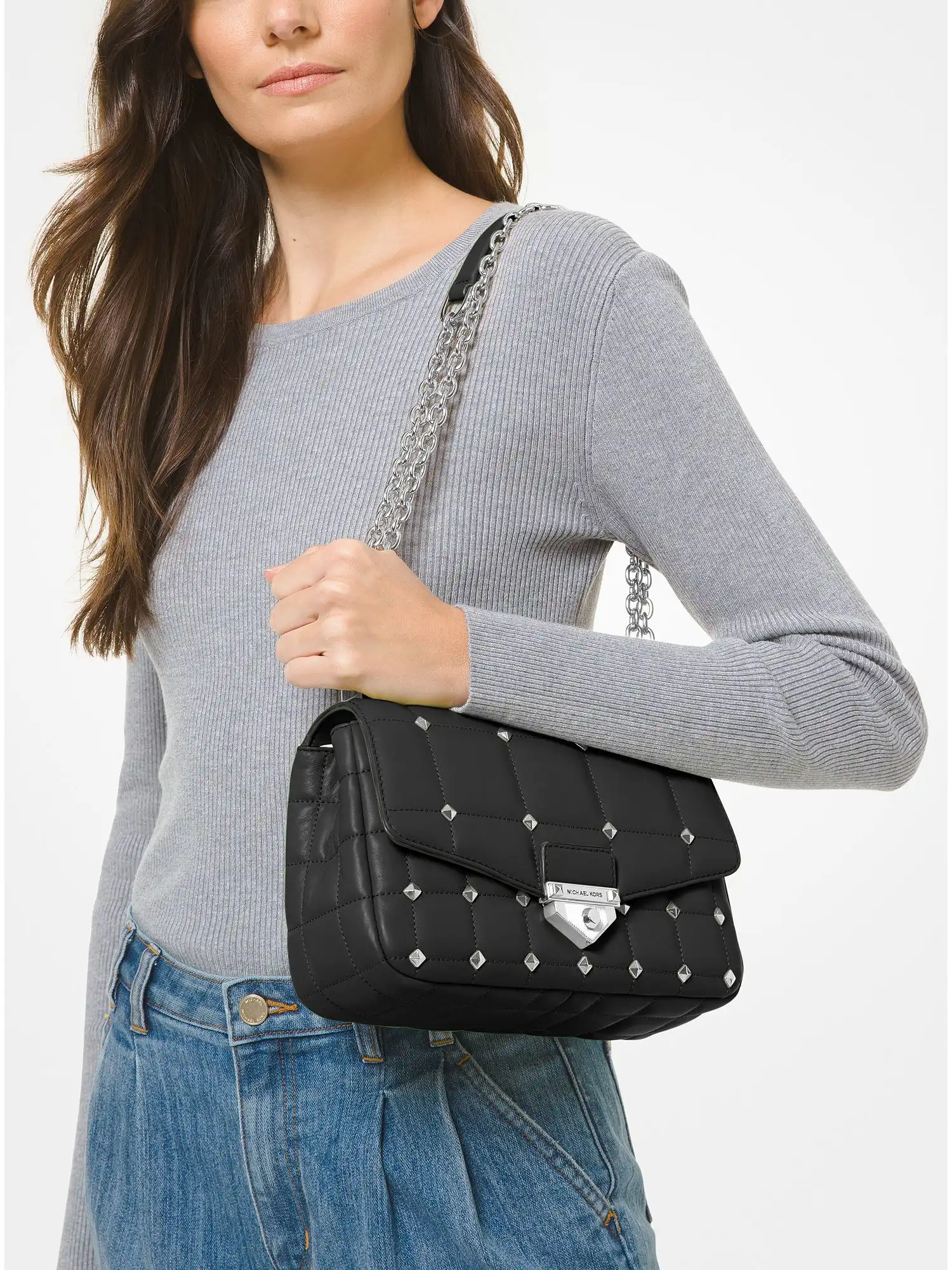 soho large studded quilted leather shoulder bag black
