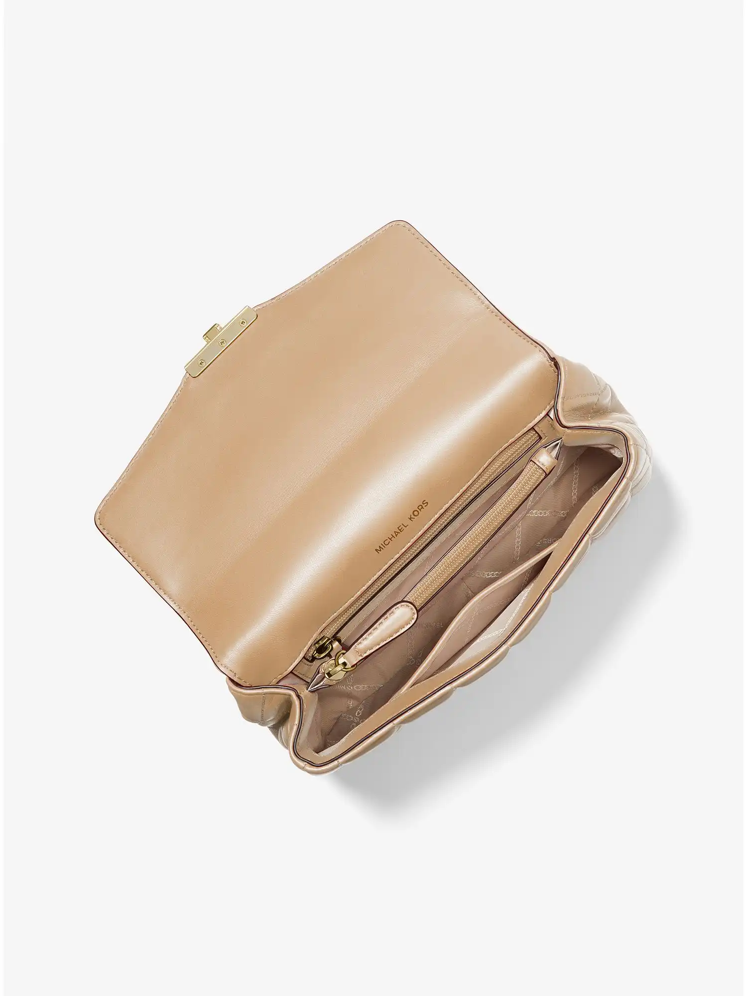 soho large studded quilted leather shoulder bag camel