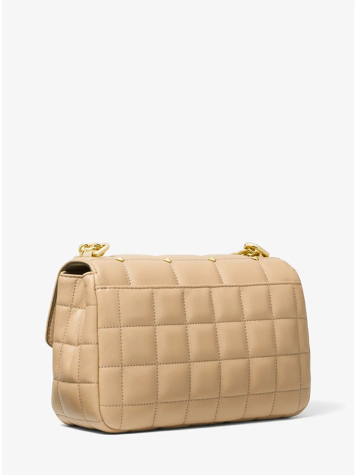 soho large studded quilted leather shoulder bag camel