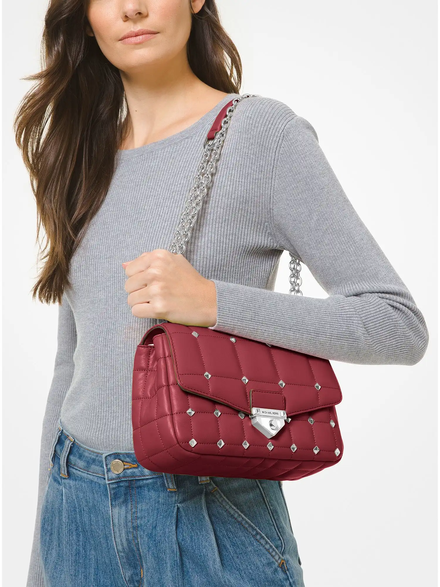 soho large studded quilted leather shoulder bag dk berry