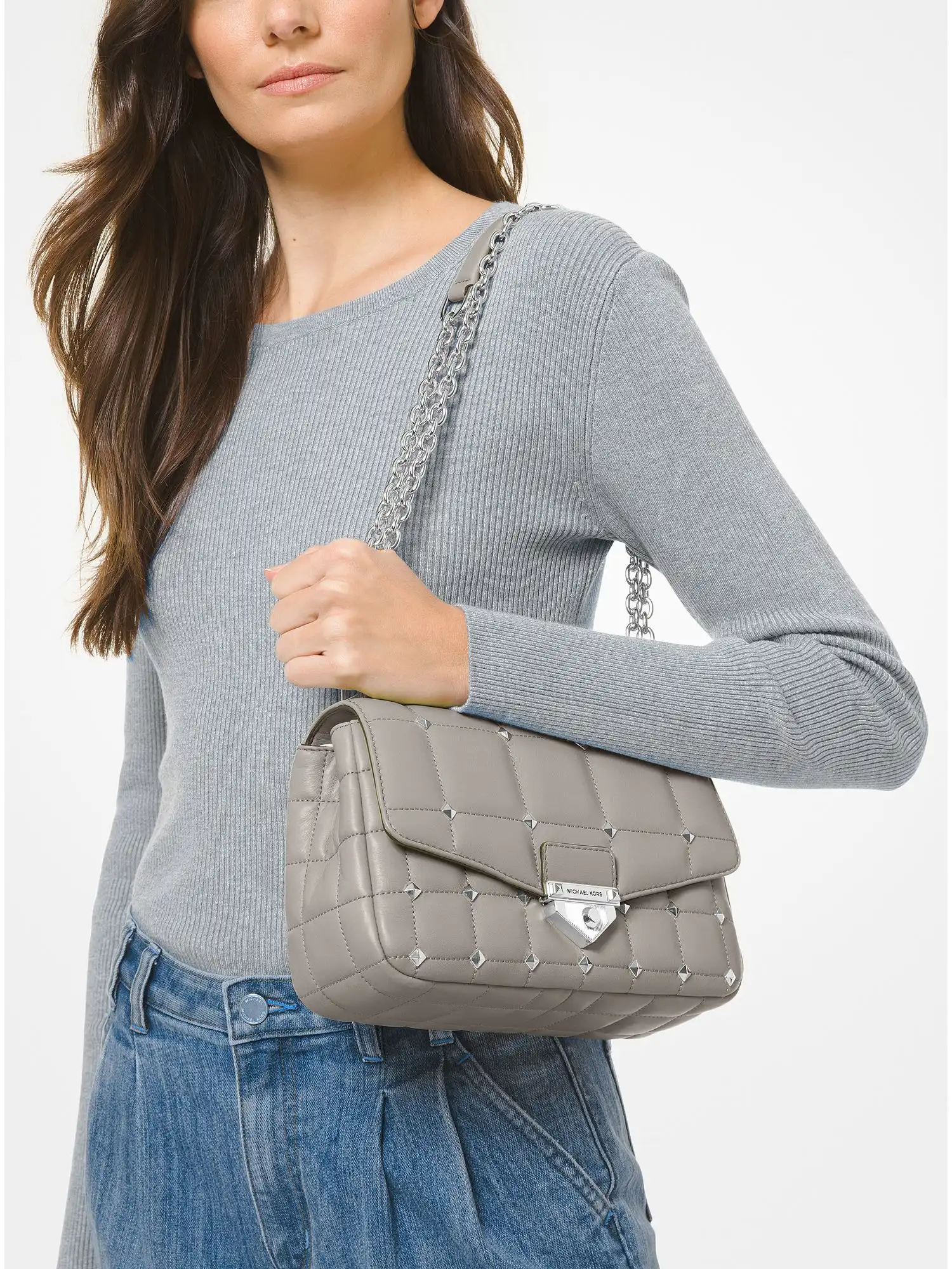 soho large studded quilted leather shoulder bag pearl grey