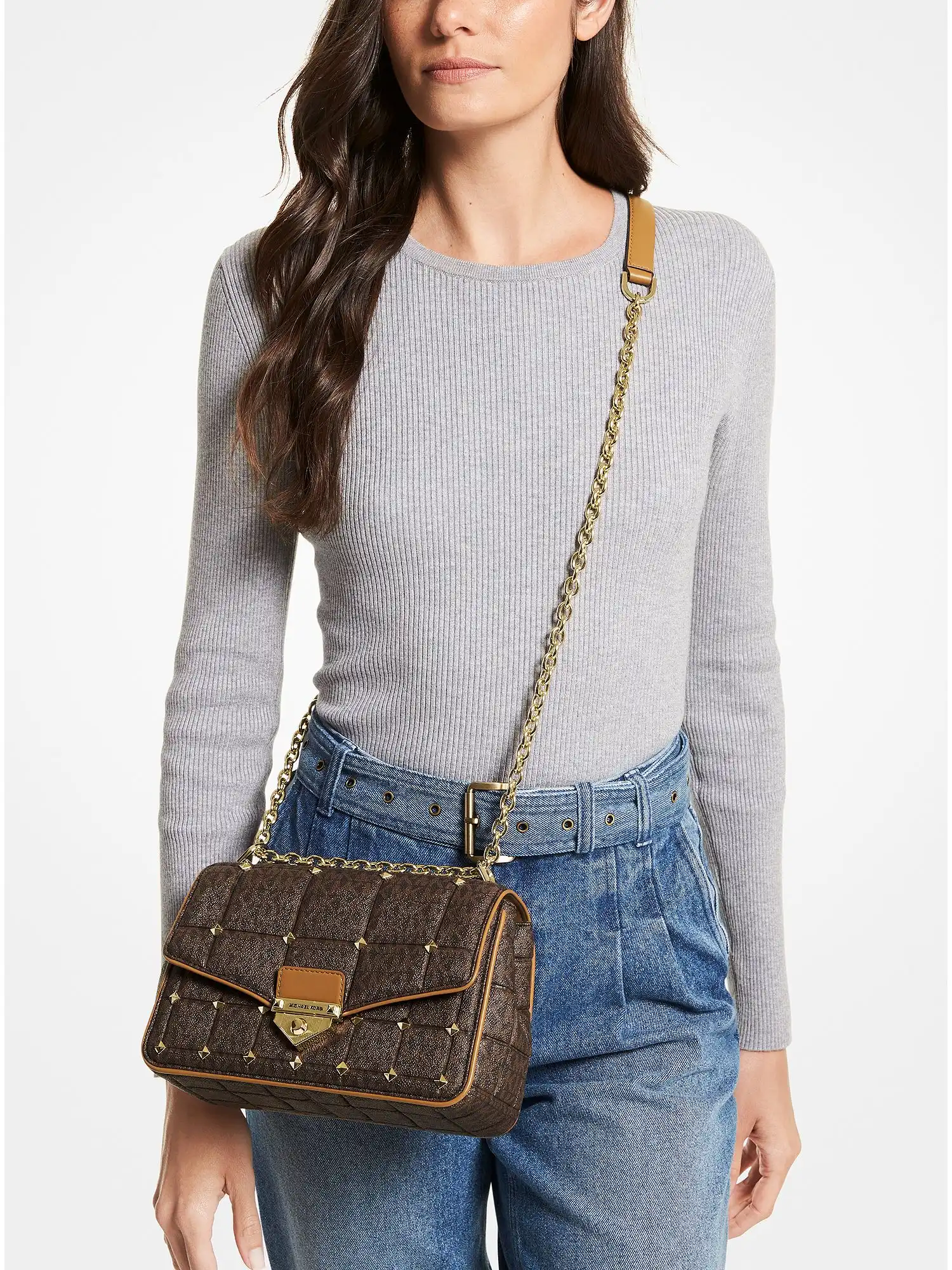 soho large studded quilted signature logo shoulder bag brn acorn