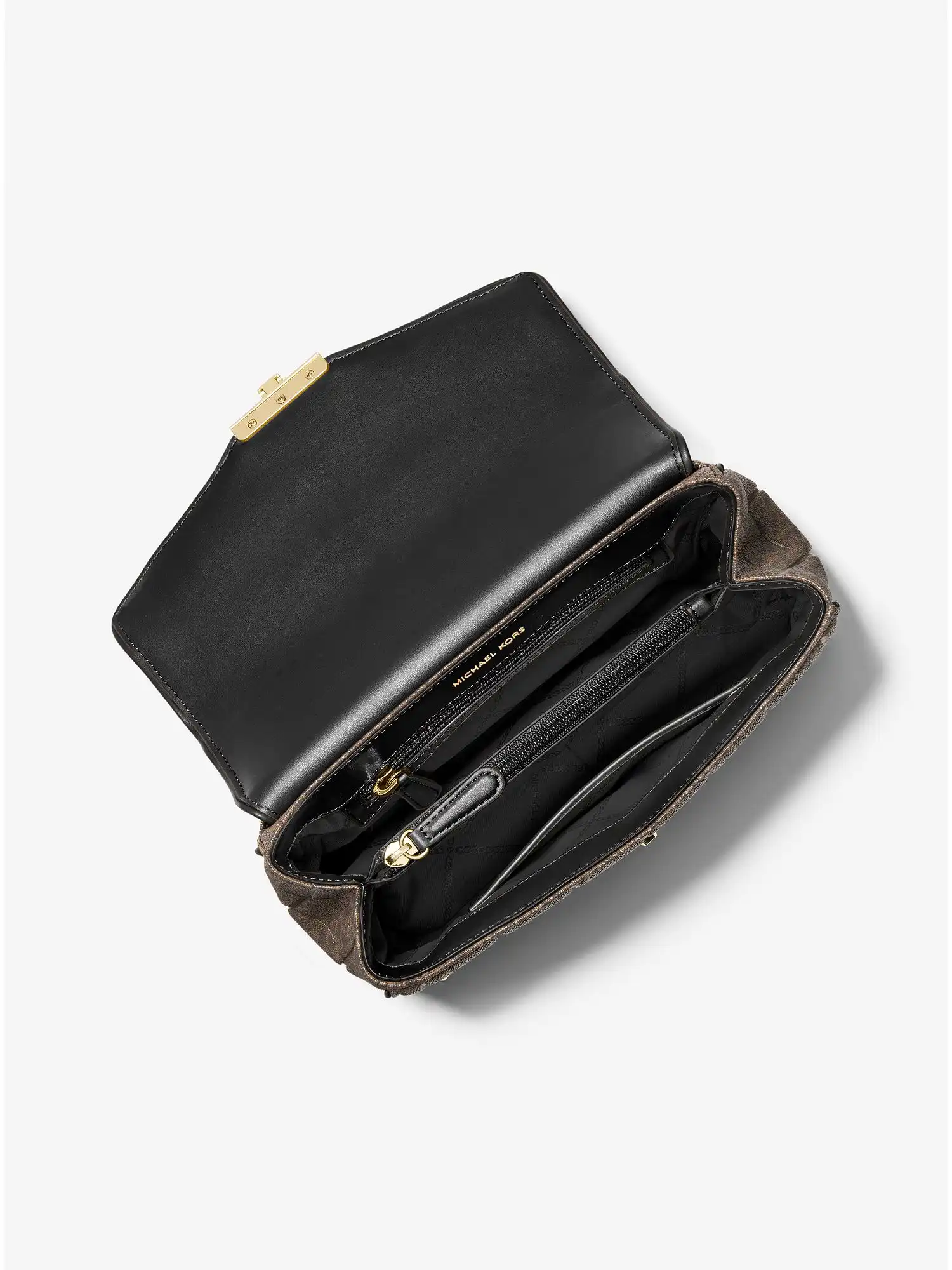 soho large studded quilted signature logo shoulder bag brown blk