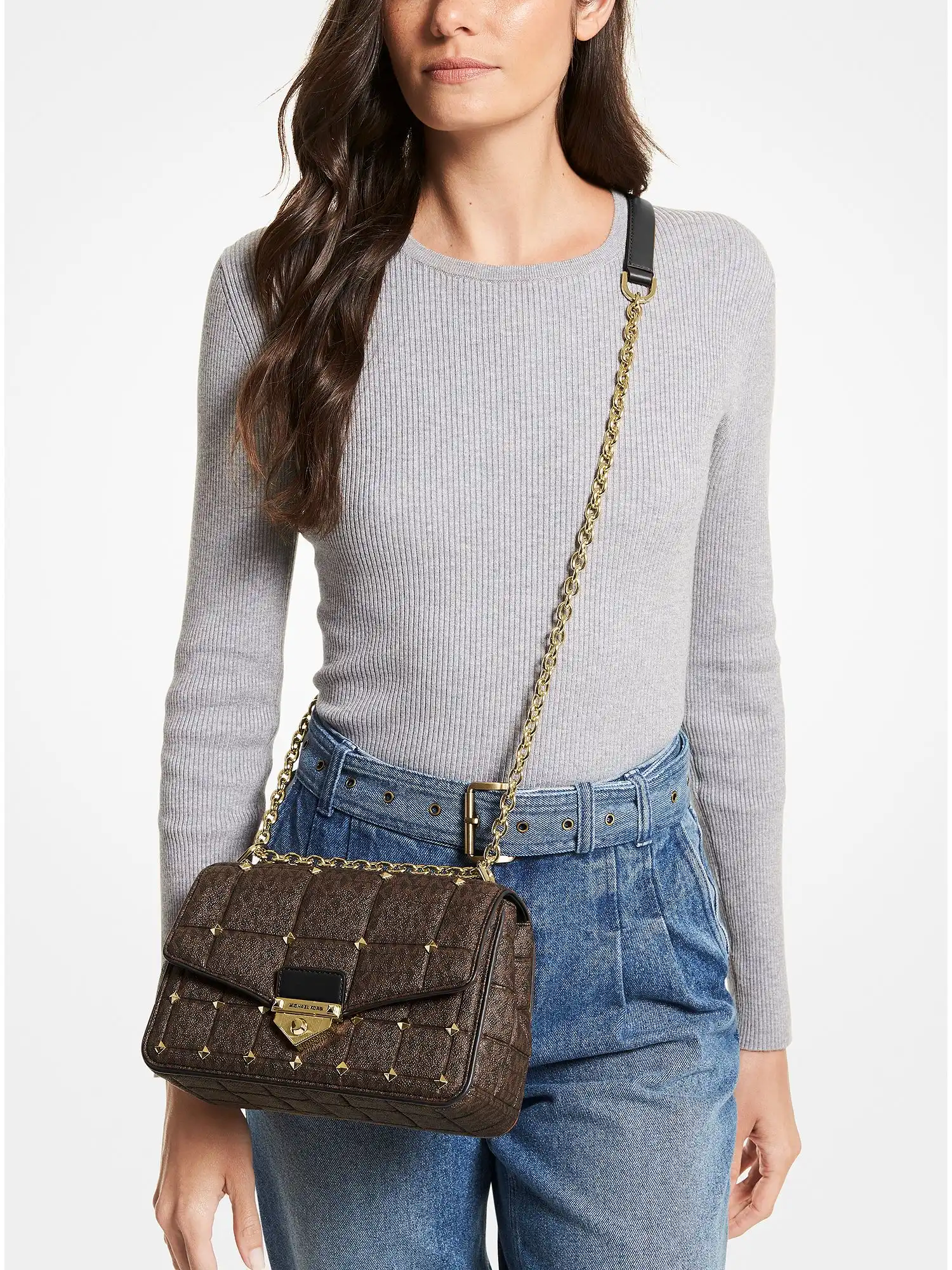 soho large studded quilted signature logo shoulder bag brown blk