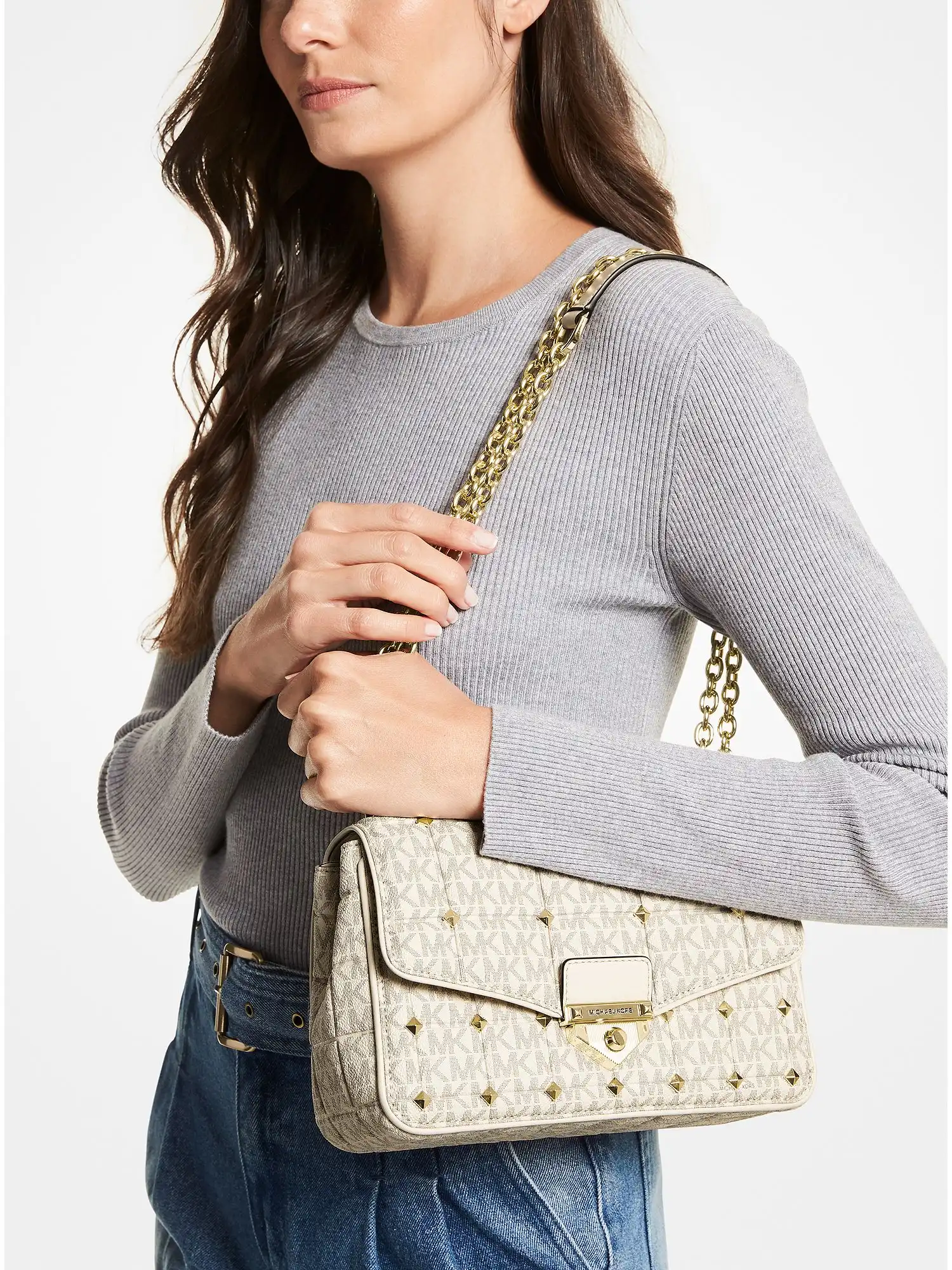 soho large studded quilted signature logo shoulder bag van cream