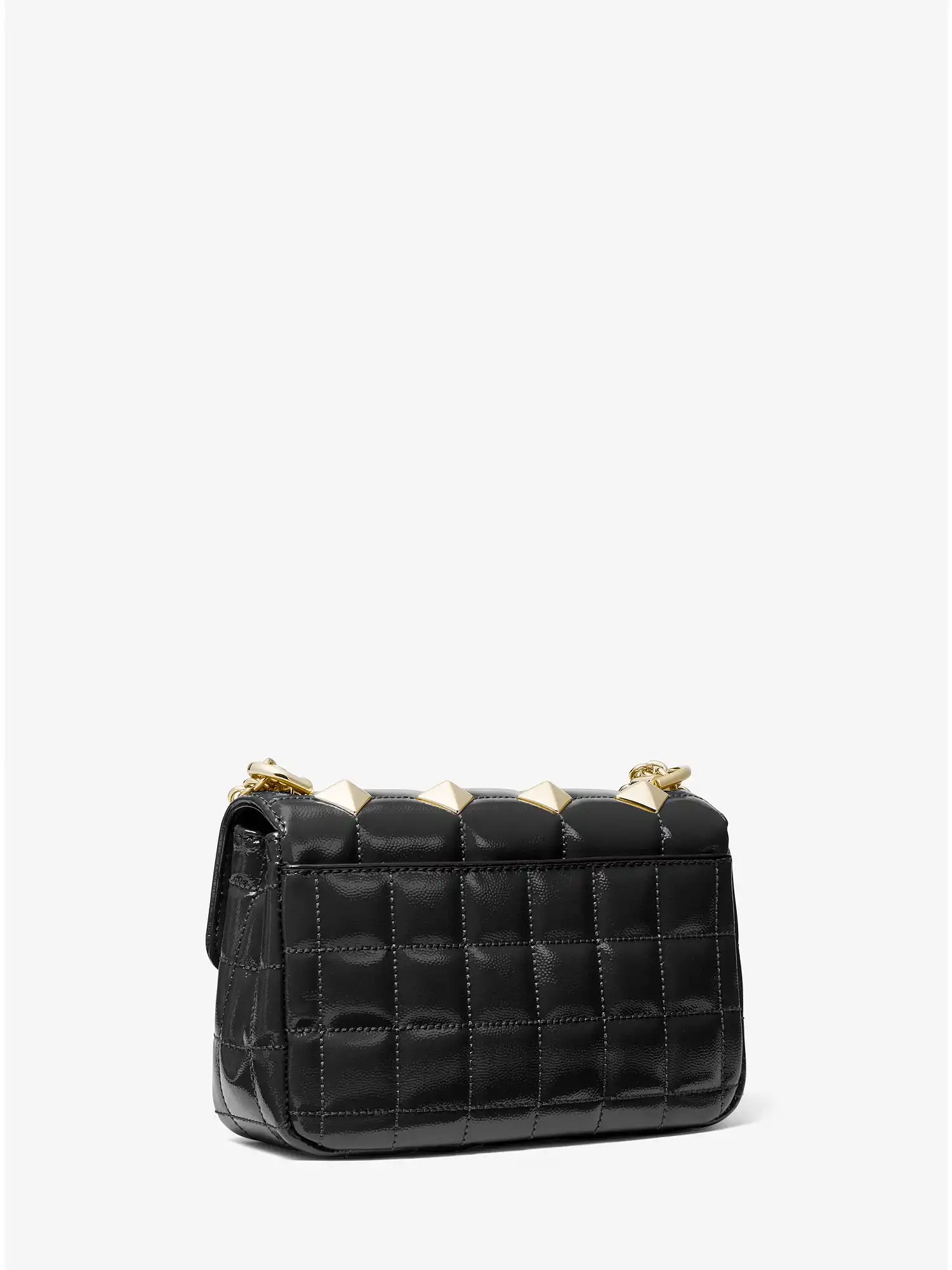 soho small studded quilted patent leather shoulder bag black