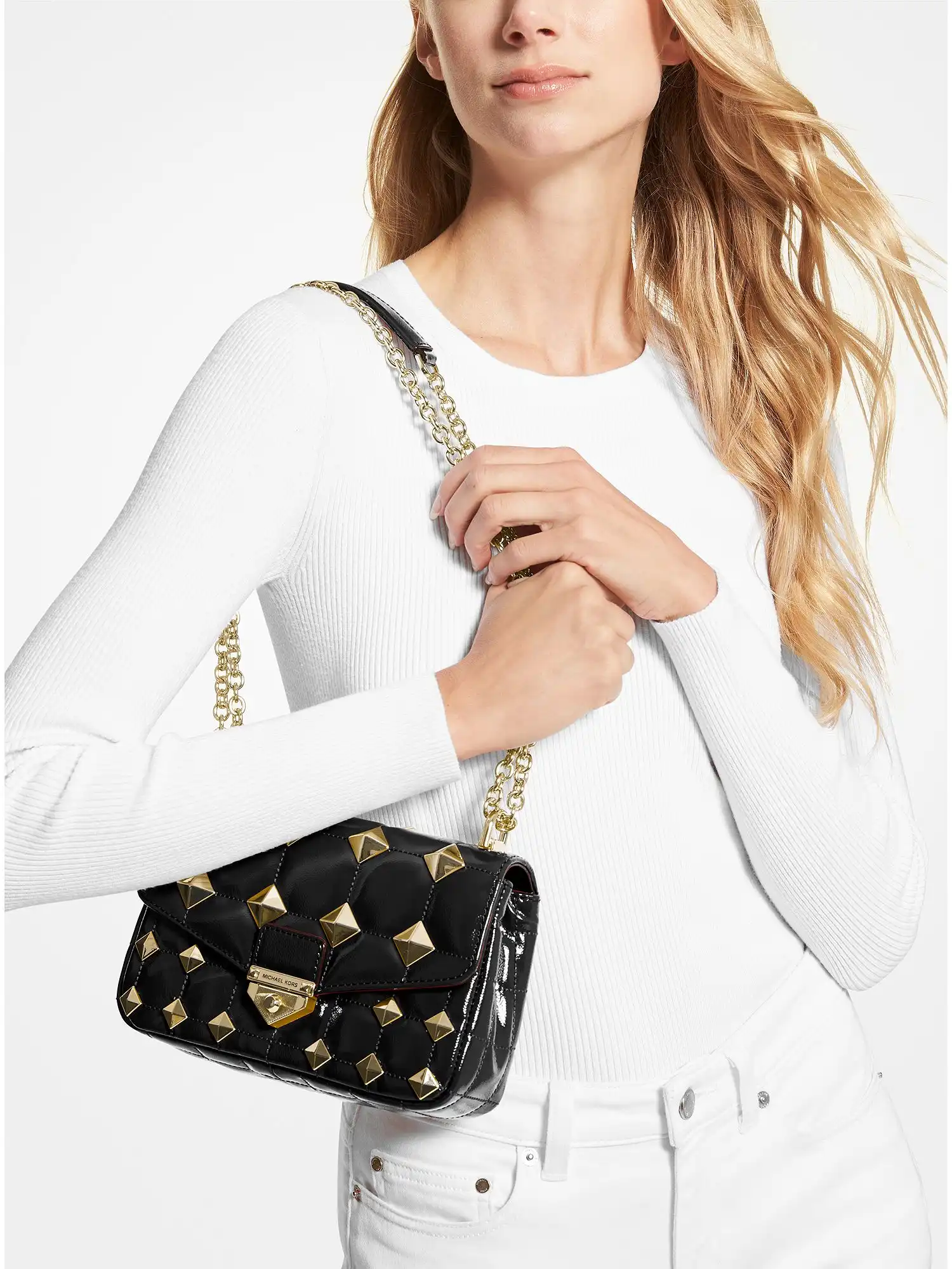 soho small studded quilted patent leather shoulder bag black