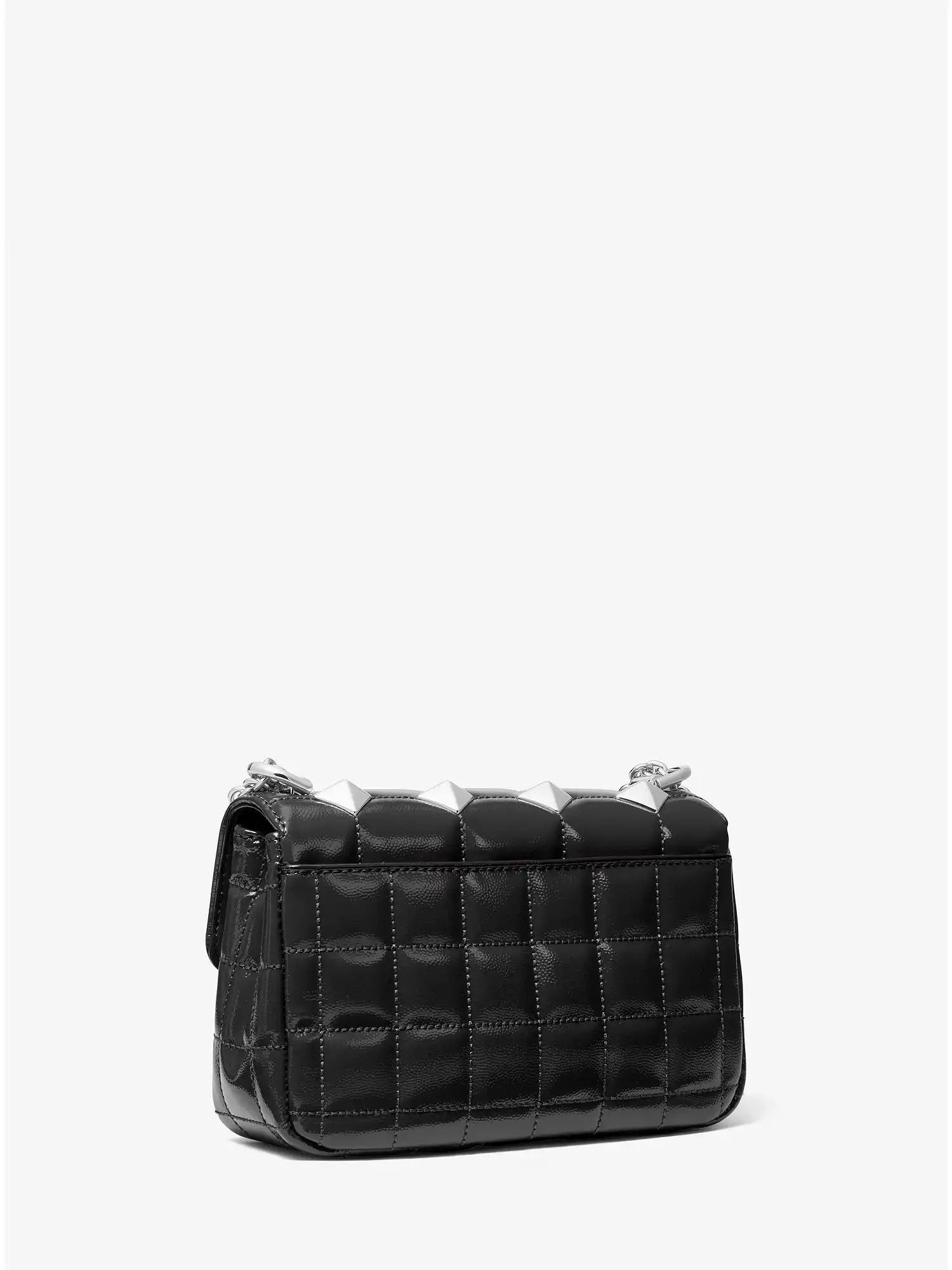 soho small studded quilted patent leather shoulder bag black
