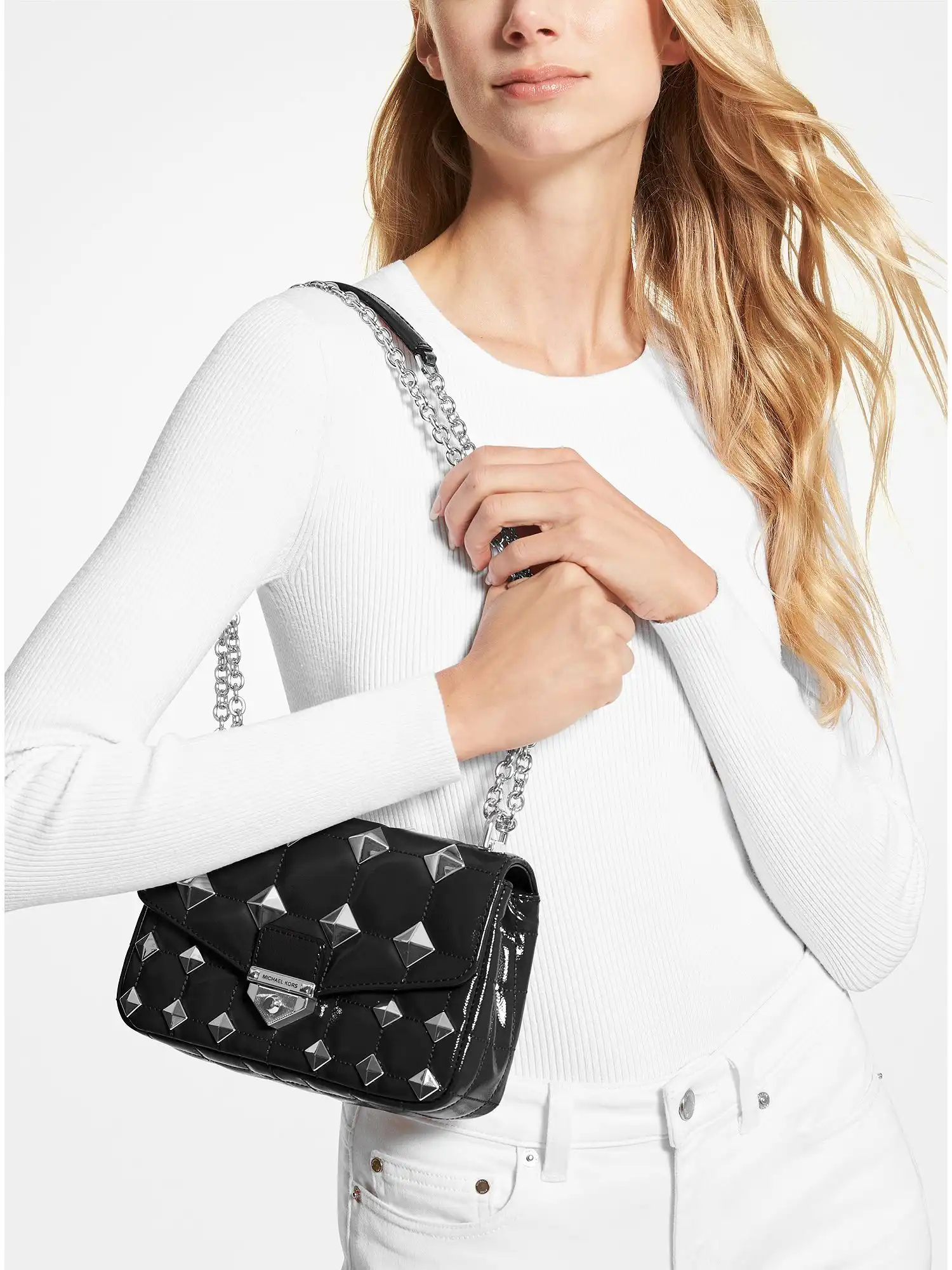 soho small studded quilted patent leather shoulder bag black