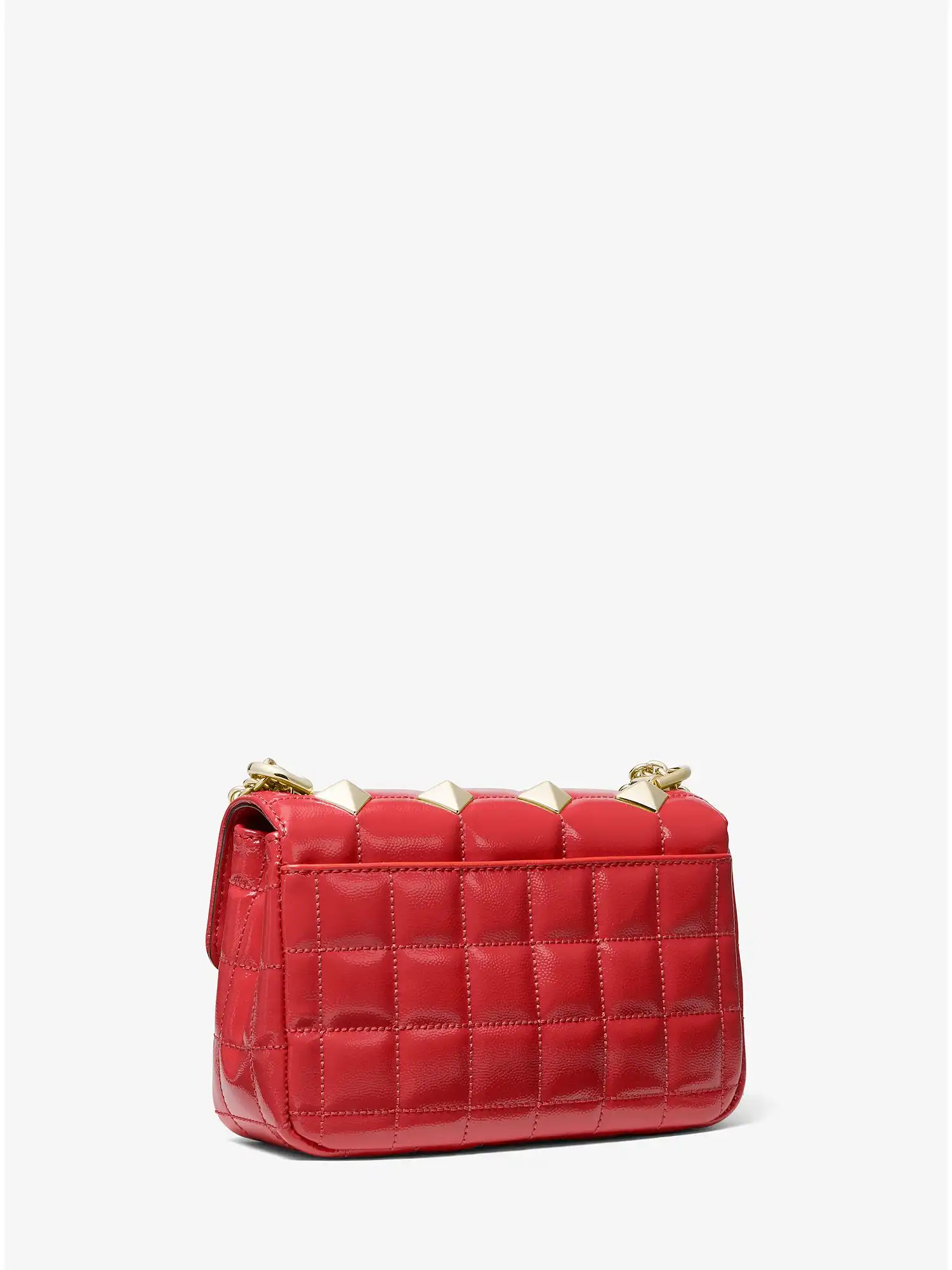 soho small studded quilted patent leather shoulder bag crimson