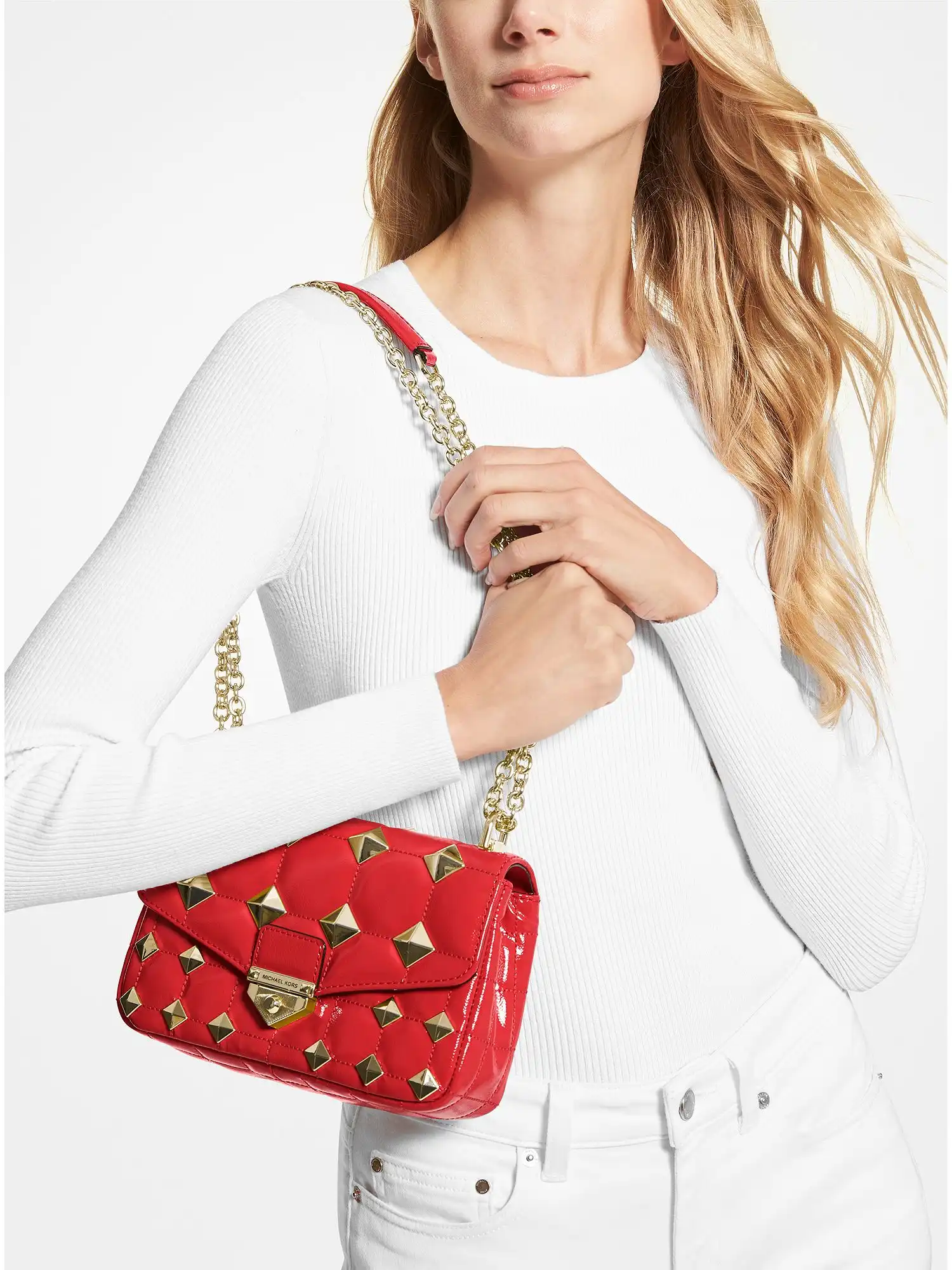 soho small studded quilted patent leather shoulder bag crimson