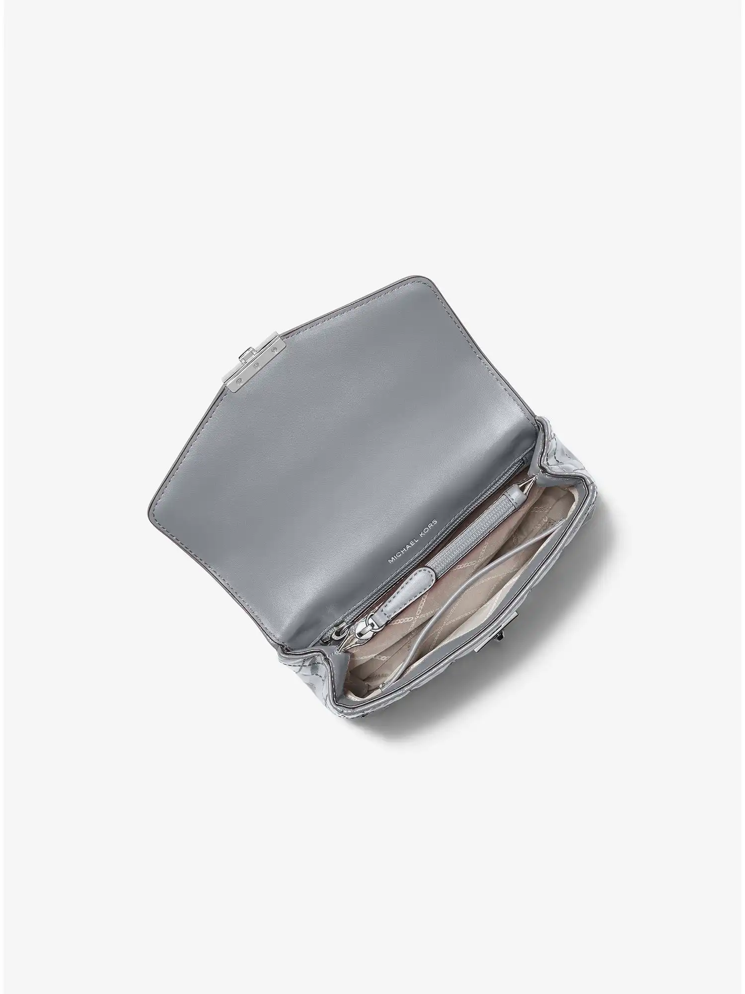 soho small studded quilted patent leather shoulder bag heather grey