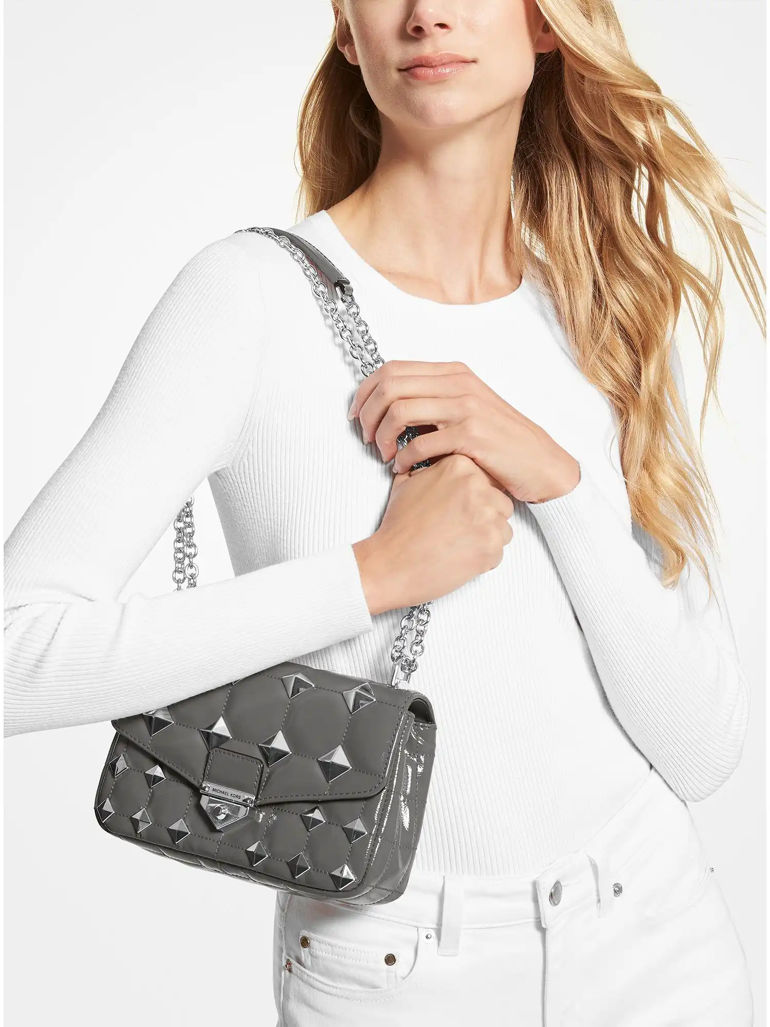 soho small studded quilted patent leather shoulder bag heather grey