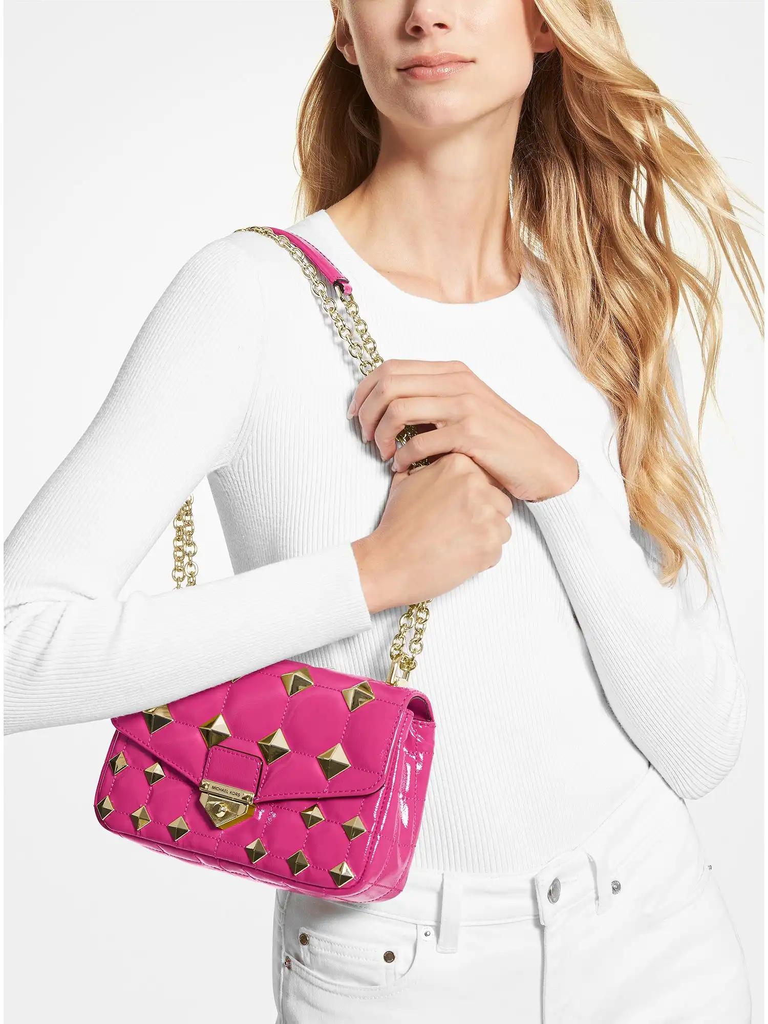 soho small studded quilted patent leather shoulder bag wild berry
