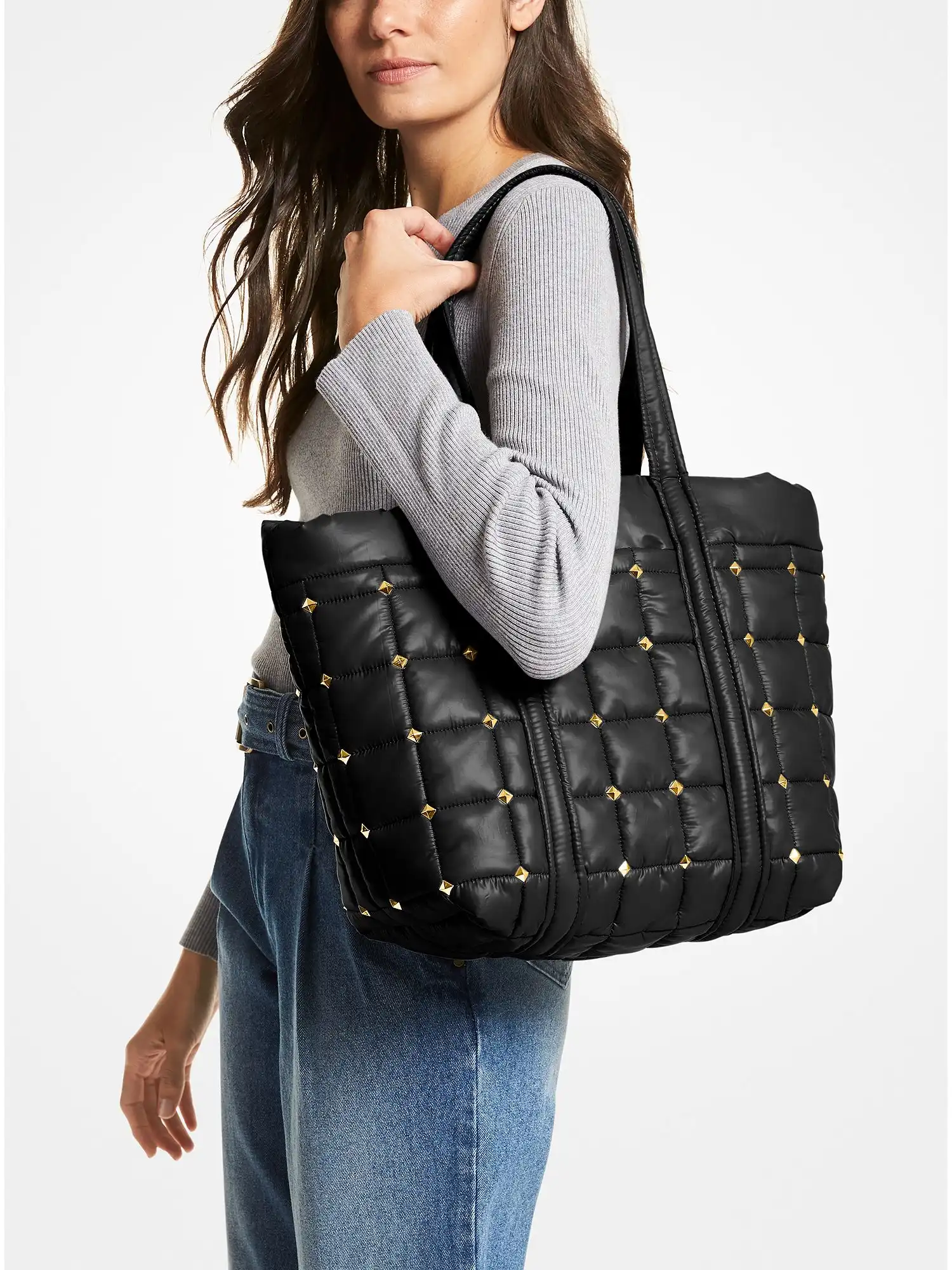 stirling large studded quilted recycled polyester tote bag black