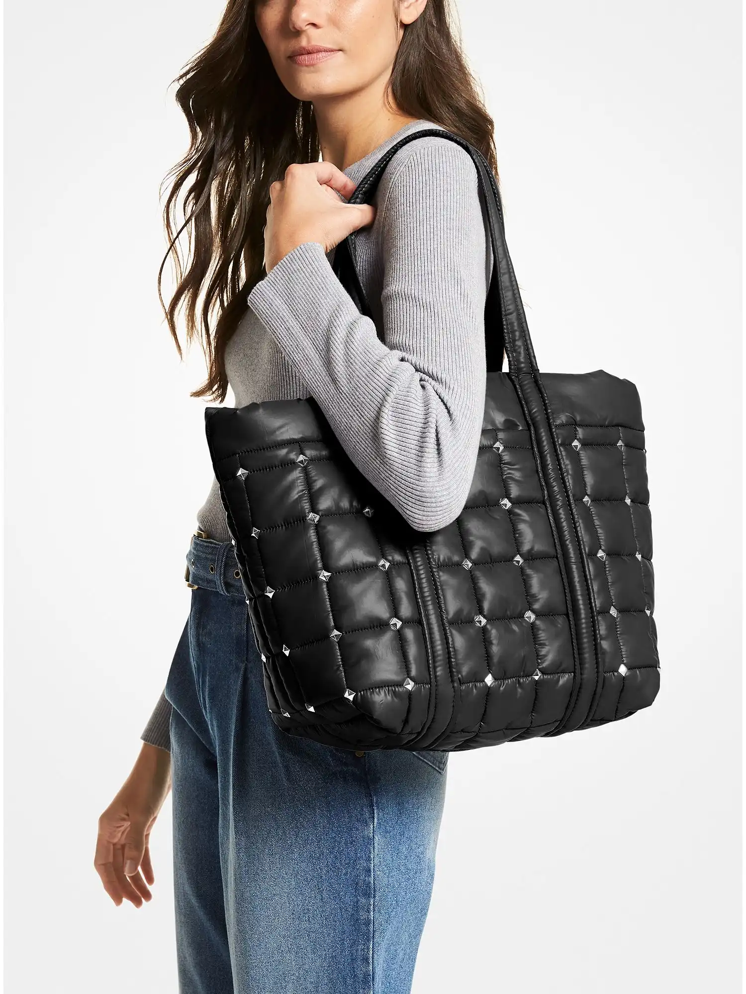 stirling large studded quilted recycled polyester tote bag black