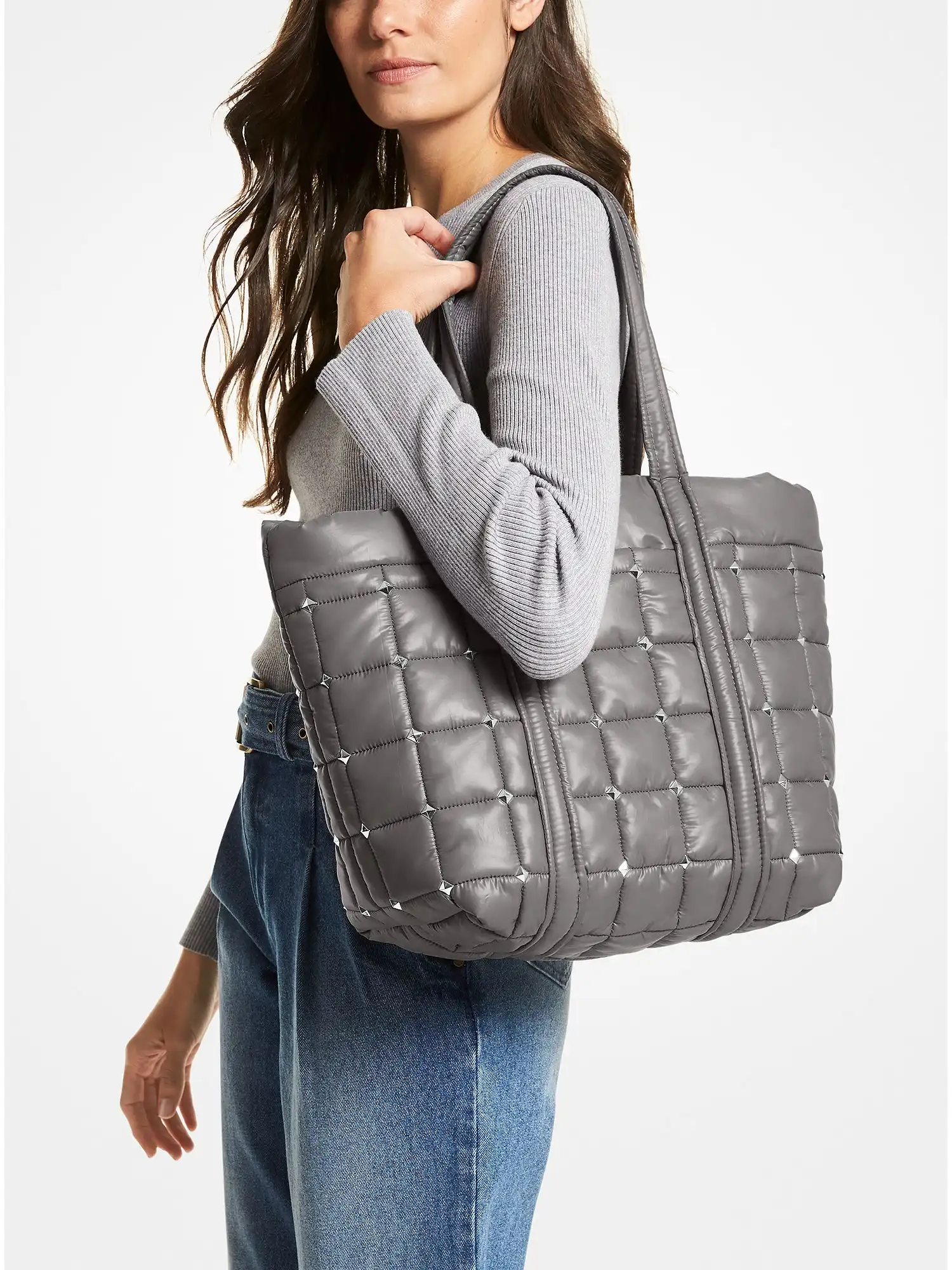stirling large studded quilted recycled polyester tote bag heather grey