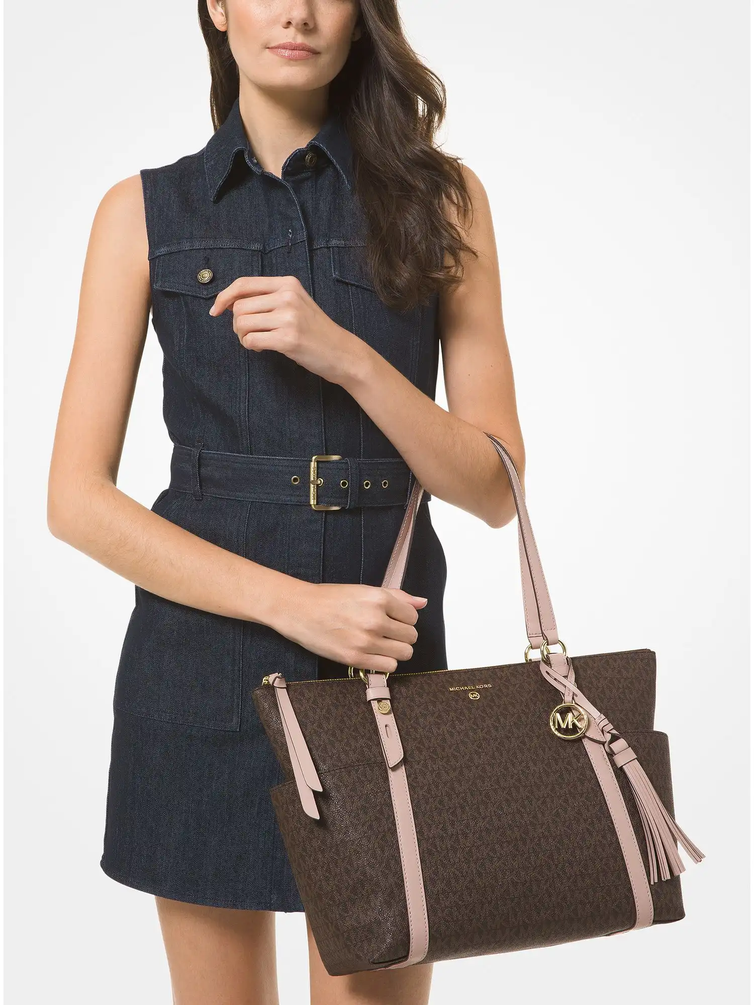 sullivan large logo top zip tote bag brn sftpink