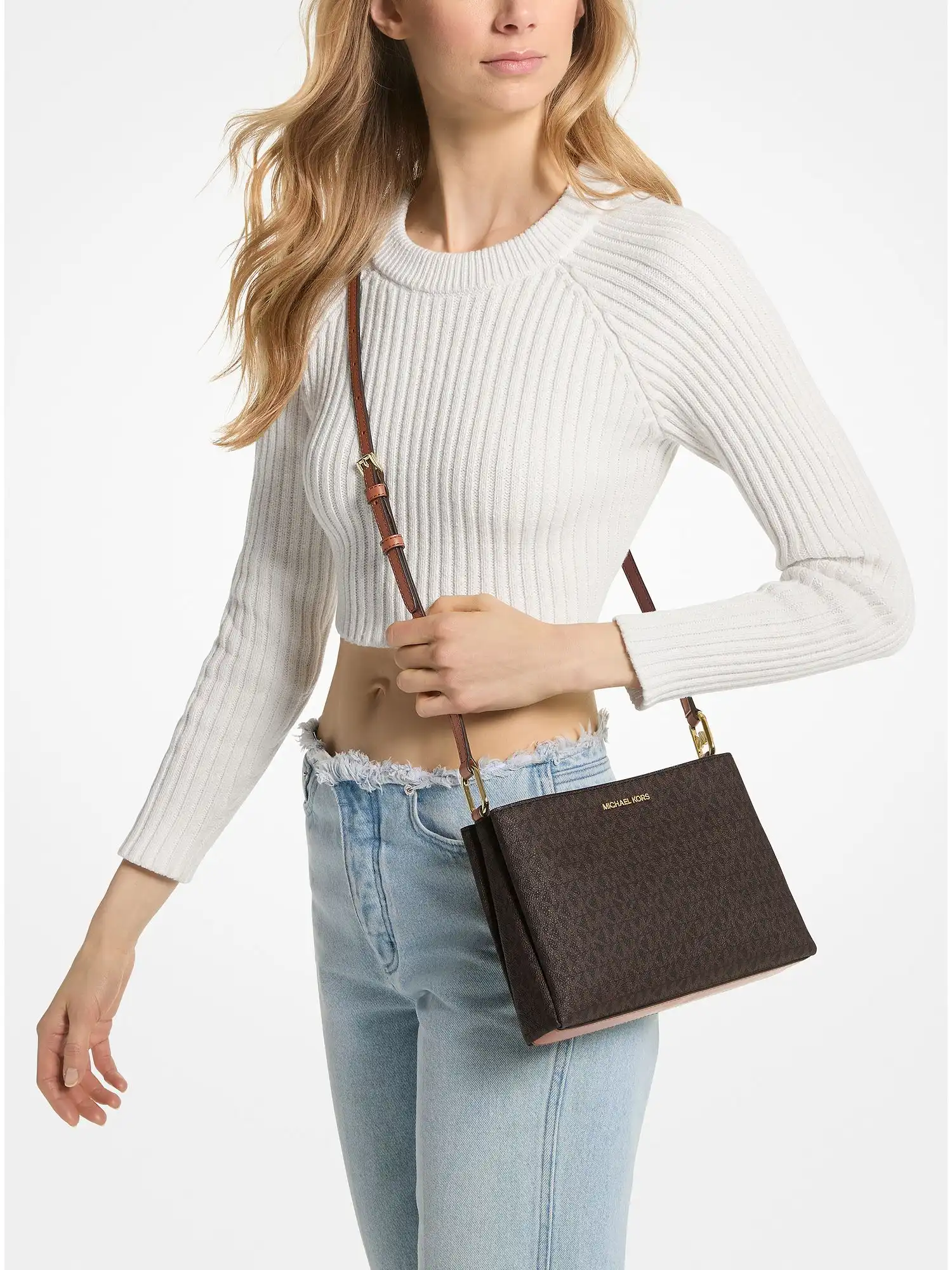 trisha medium logo crossbody bag brown