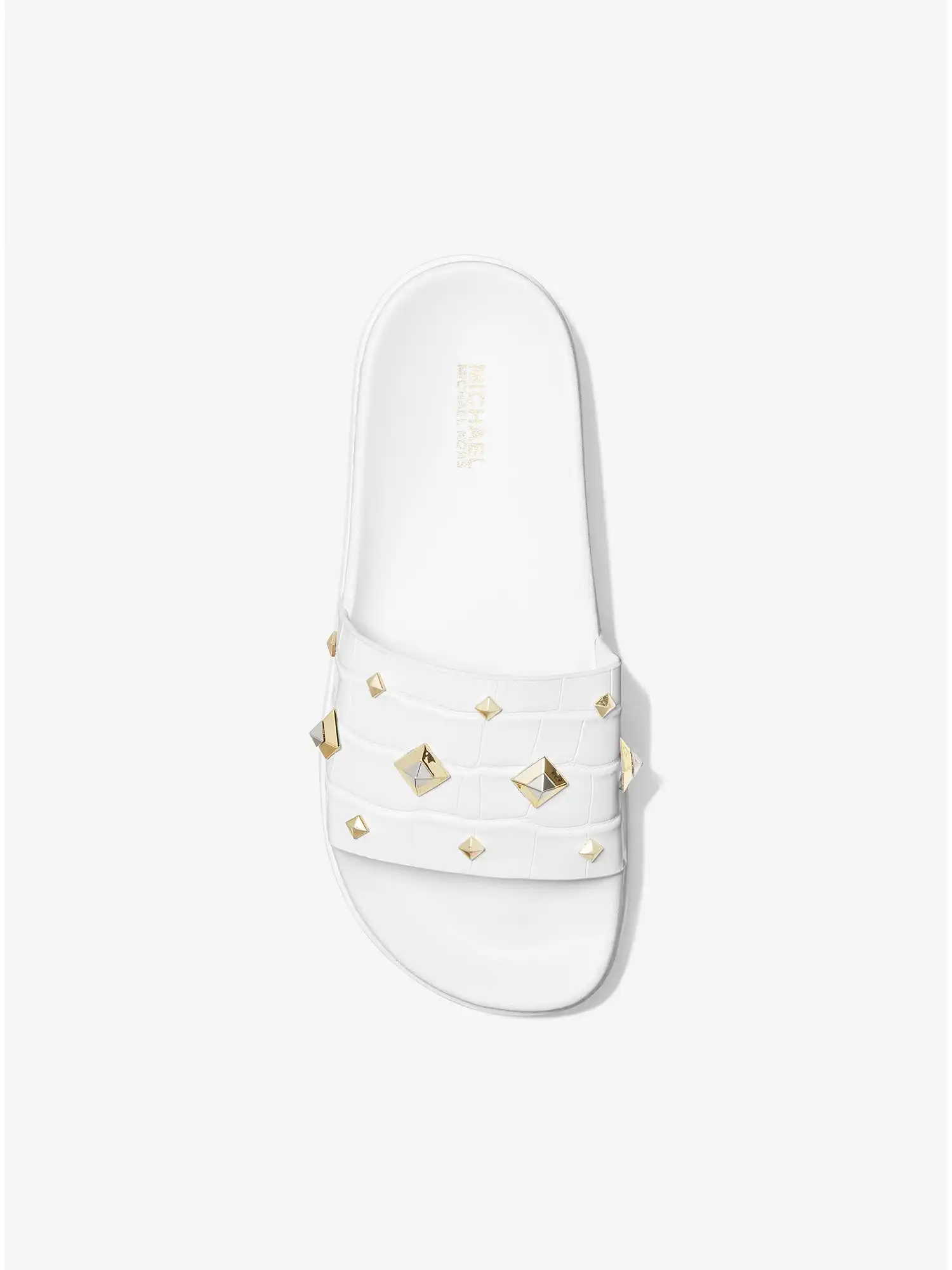 tyra studded crocodile embossed slide sandal optic white