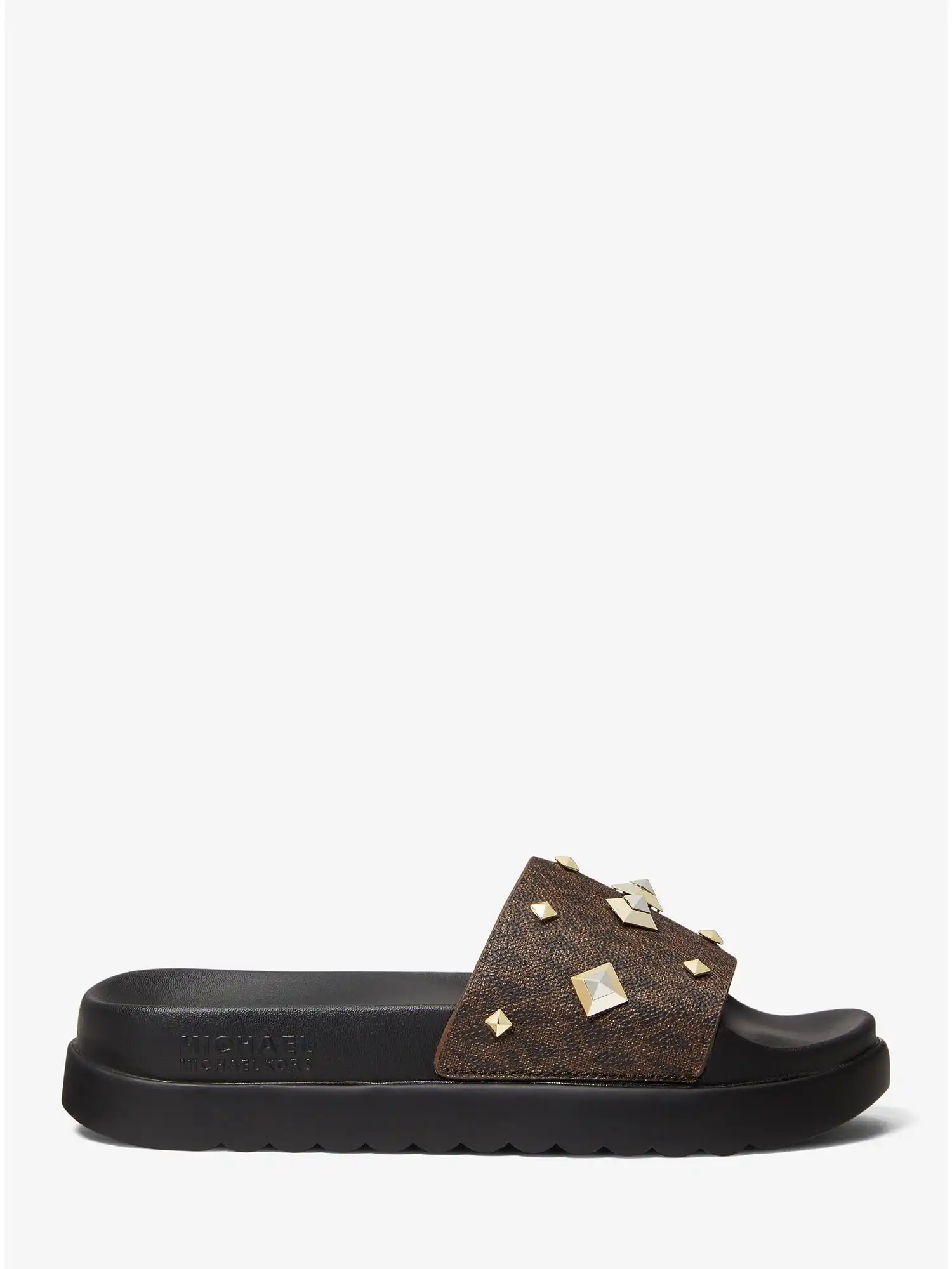 tyra studded logo slide sandal brown