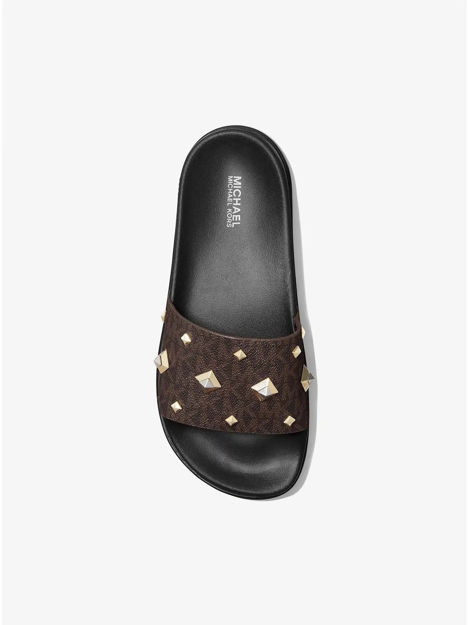 tyra studded logo slide sandal brown