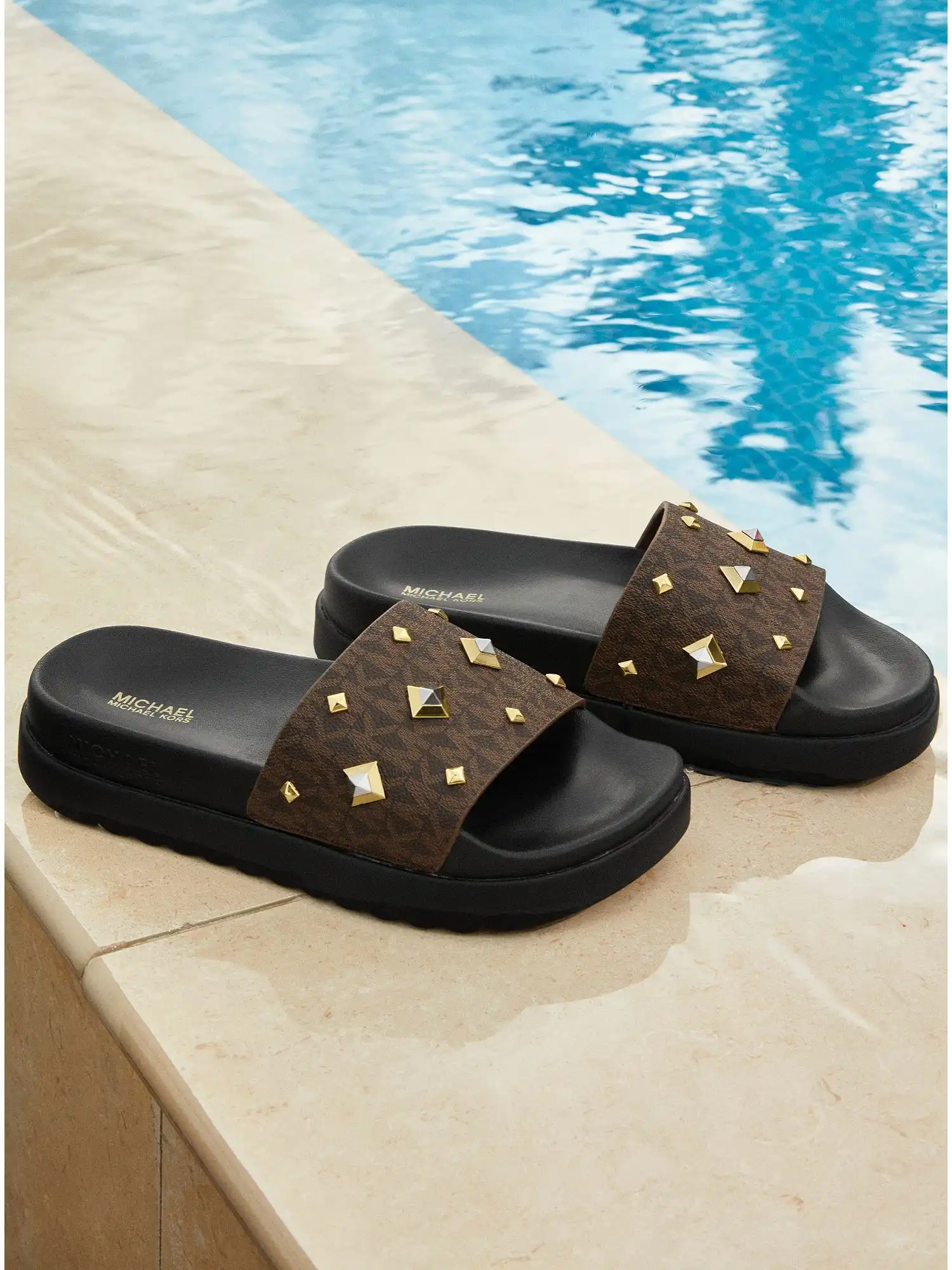 tyra studded logo slide sandal brown