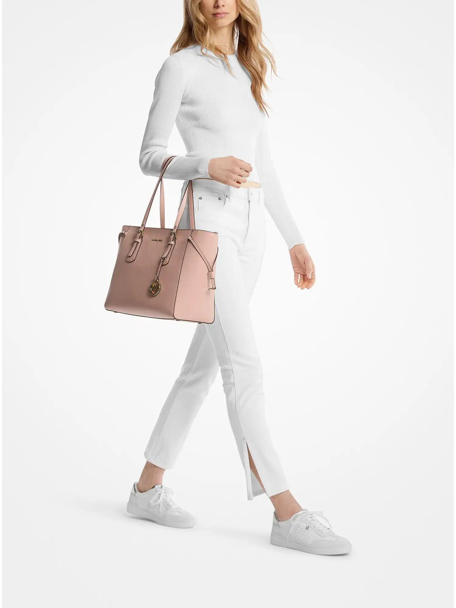 voyager medium crossgrain leather tote bag soft pink