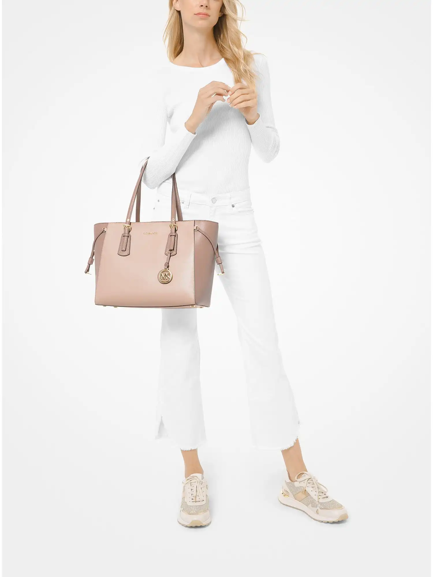 voyager medium two tone crossgrain leather tote bag sftpink fawn