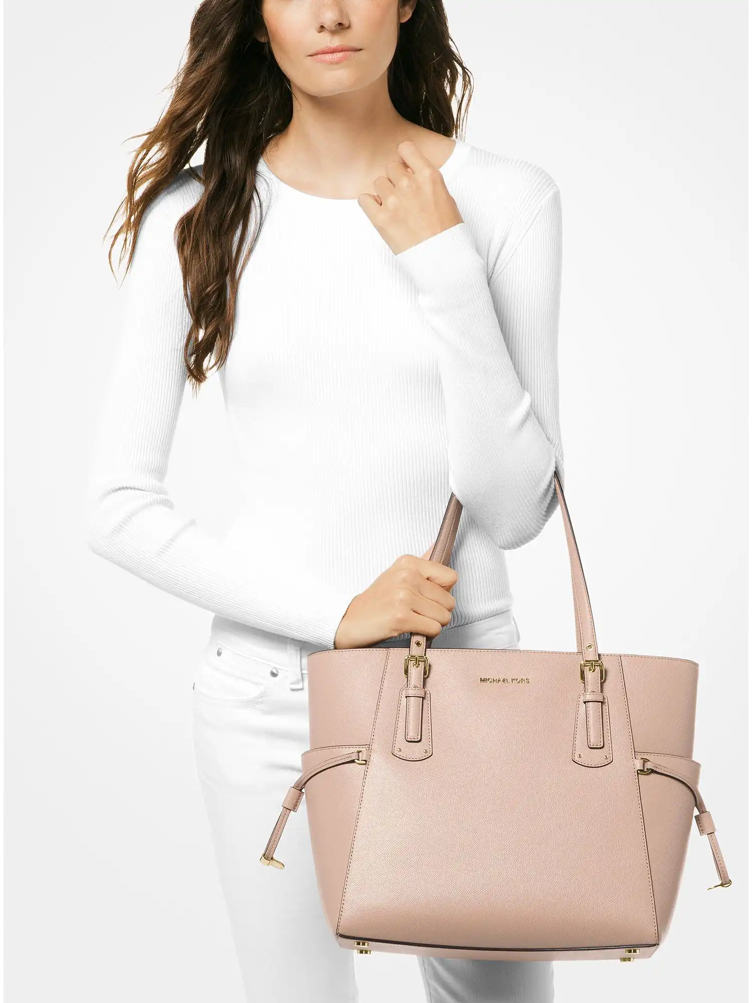 voyager small crossgrain leather tote bag soft pink