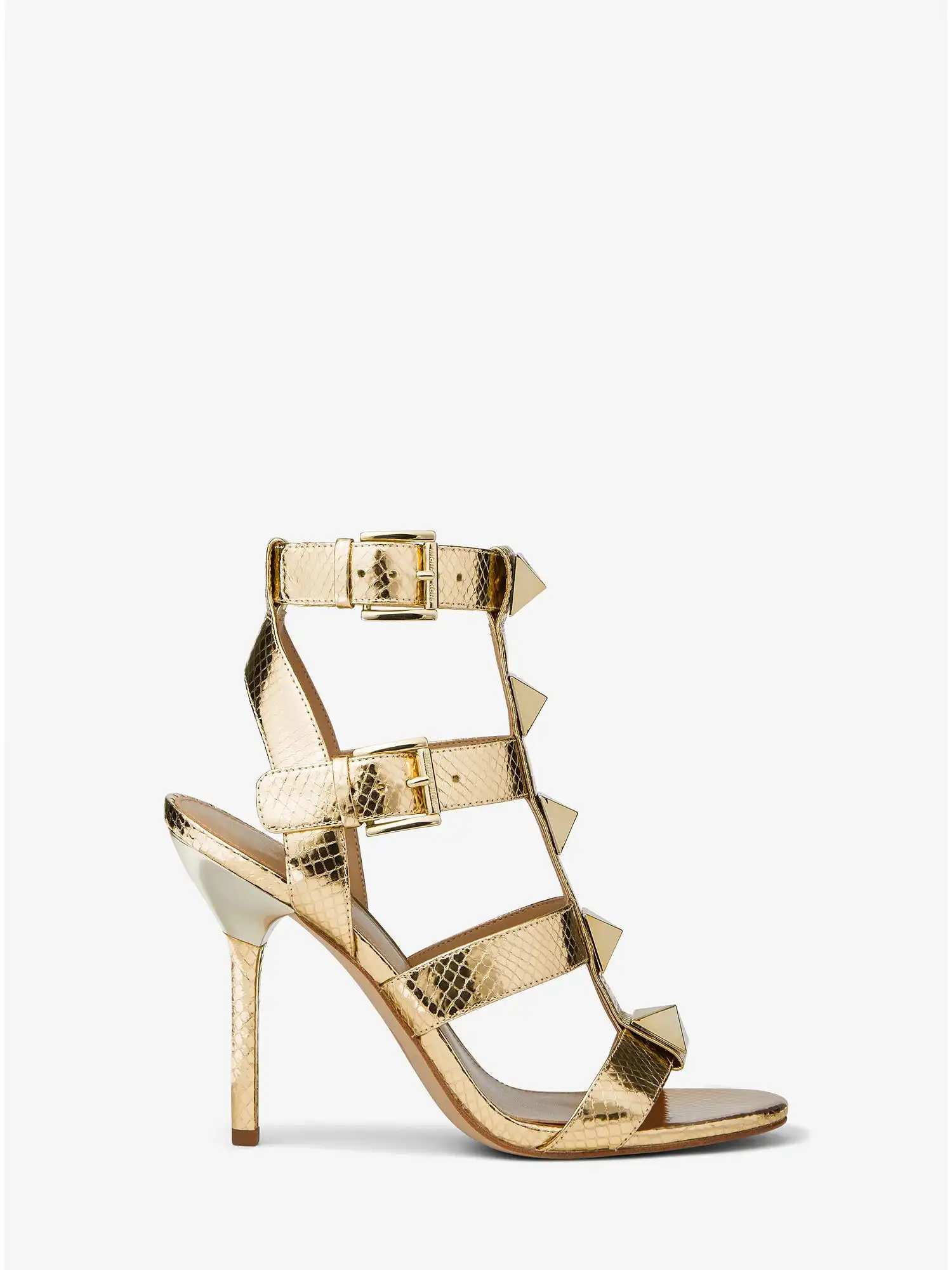 wren studded metallic snake embossed leather sandal pale gold